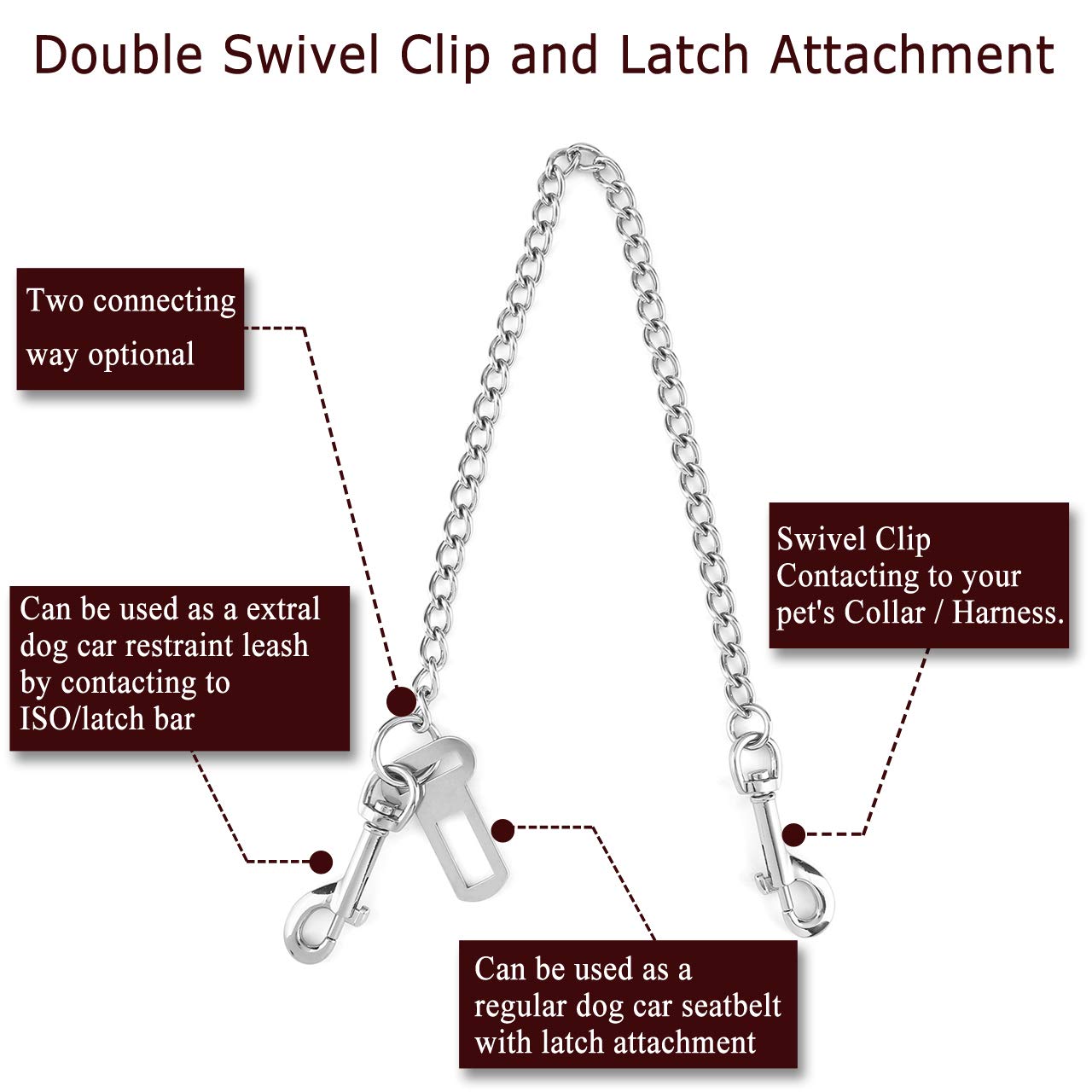 Mogoko Stainless Steel No Chew Dog Car, Pet Vehicle Safety Restraint, Heavy Duty Big Canine Dog Car Leash Strap With Double Clip