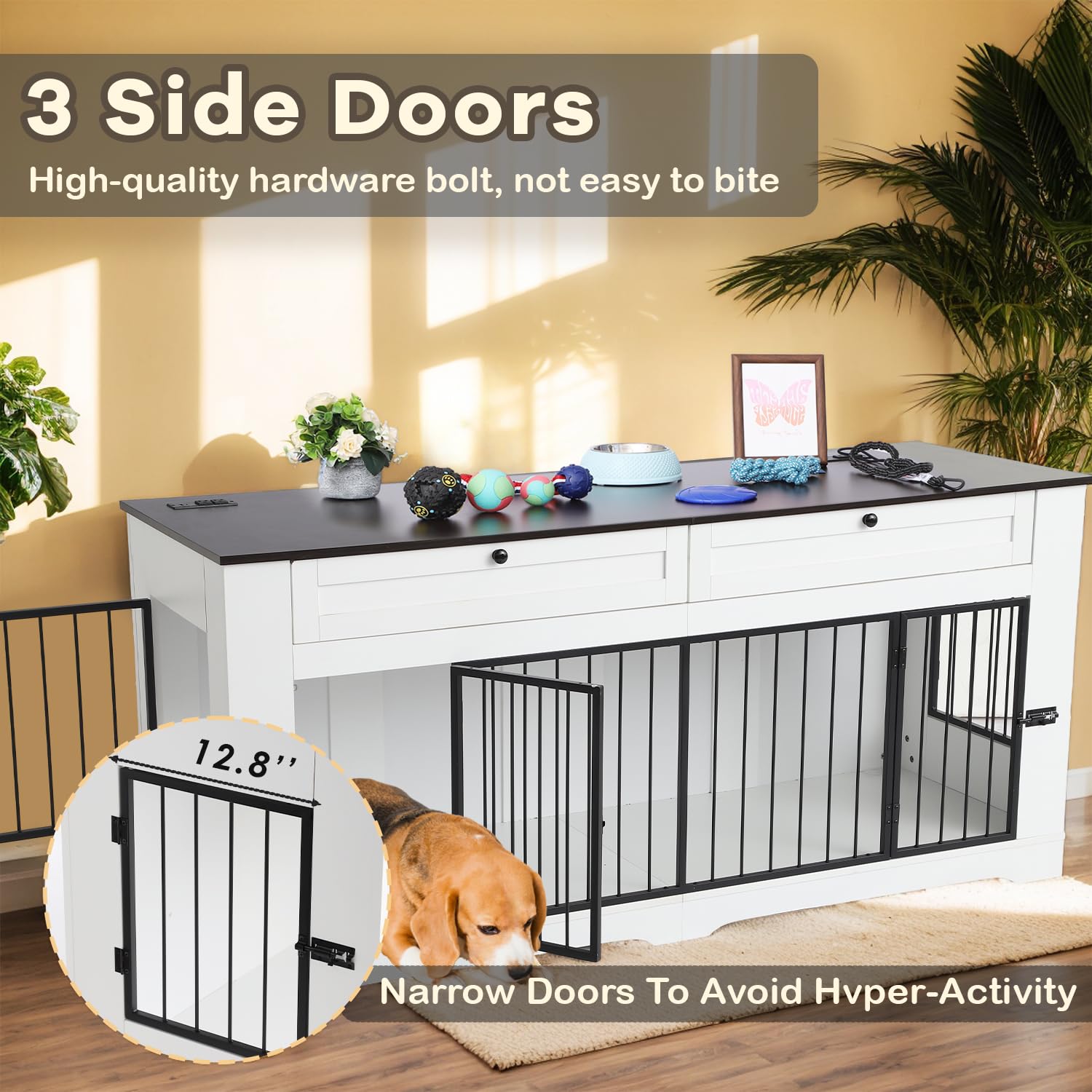 Dog Crate Furniture TV Stand with Charging Station-47.24  Heavy Duty Dog Kennel Furniture tv Table with 2 Drawers Storage,Indoor