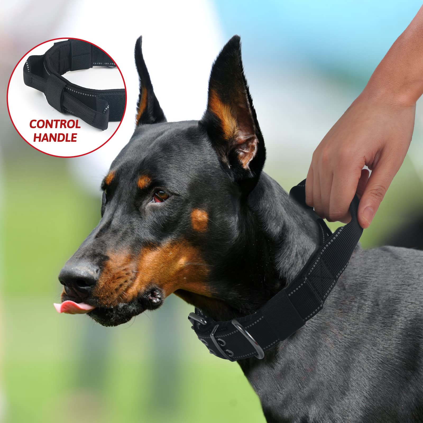 Yunleparks Reflective Dog Collar Heavy Duty Tactical With Control Handle And Metal Buckle For Dog Training(Large, Black)