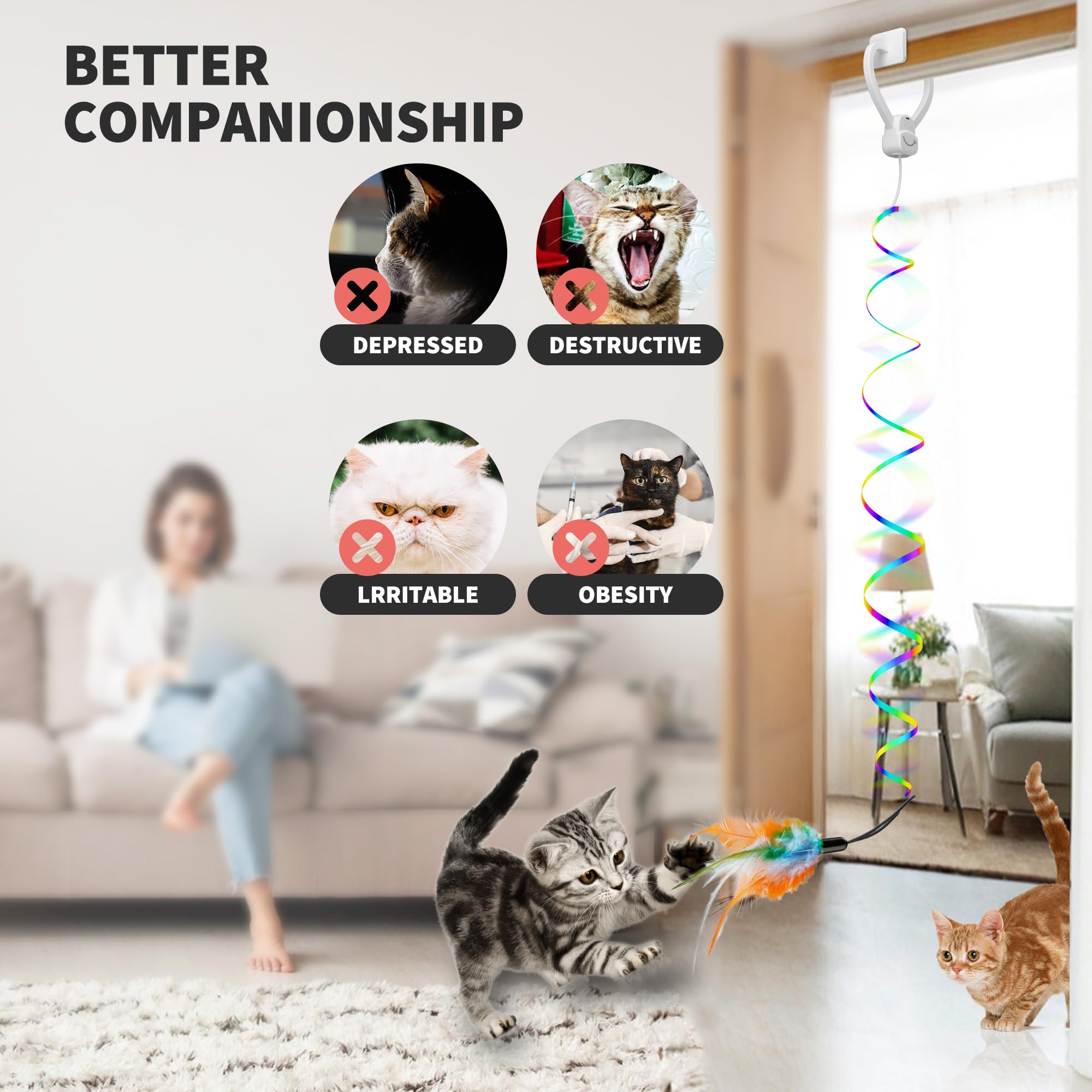 PANRIO Interactive Cat Toys for Indoor Cats, Automatic Hanging Door Feather Toy Mouse & Ribbon Wand Teaser,USB-Rechargeable Self
