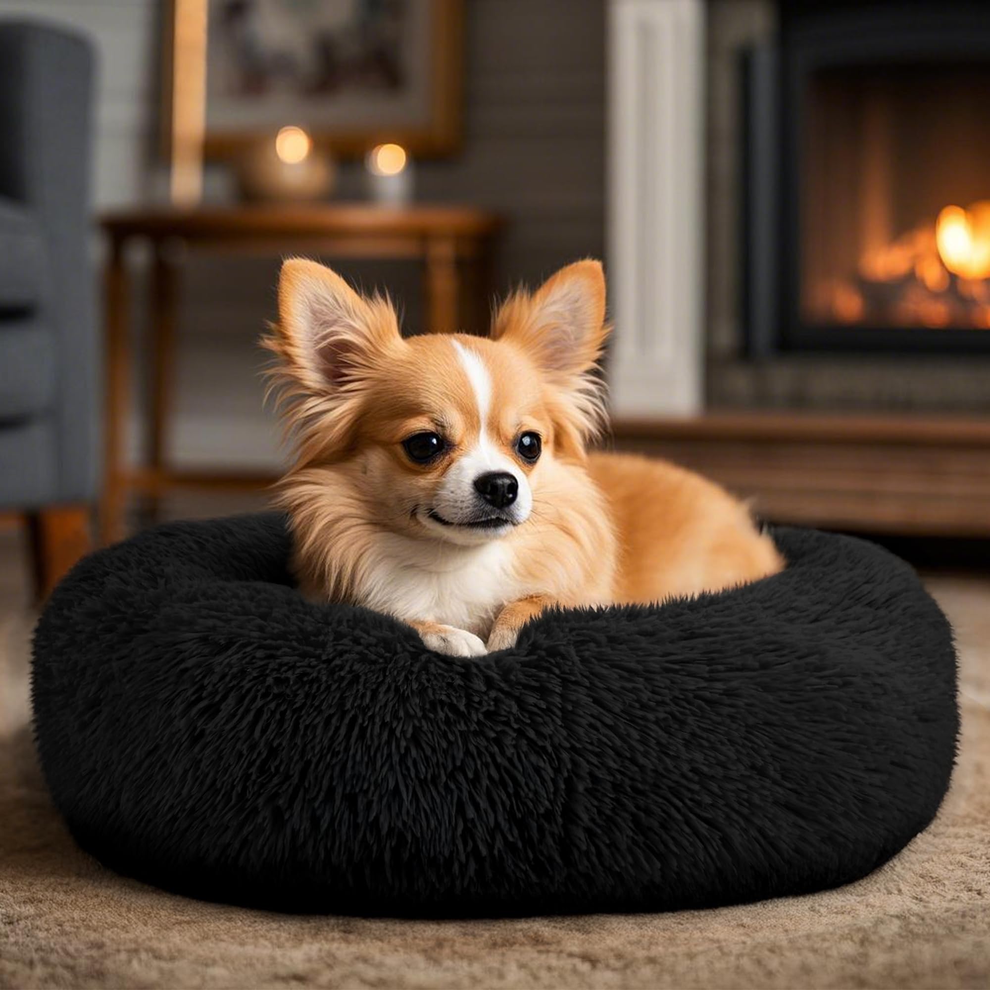 Dogs Bed for Small Dogs, Anti-Anxiety Washable Round Bed (Black, 24.0 L x 24.0 W x 8.0 Th)