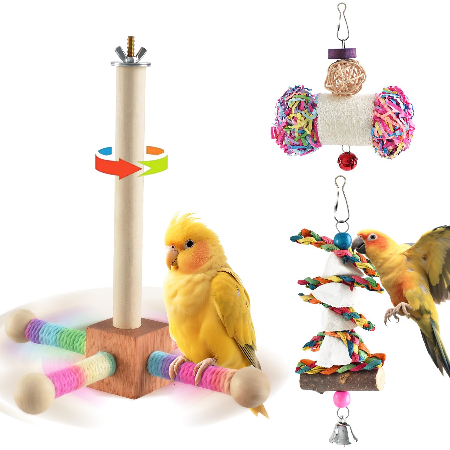 Bird Perch Toy, Interactive Spinning Parakeet Parrot Toys with Chew Toy, Parakeet Cage Accessories for Small and Medium Parrots,