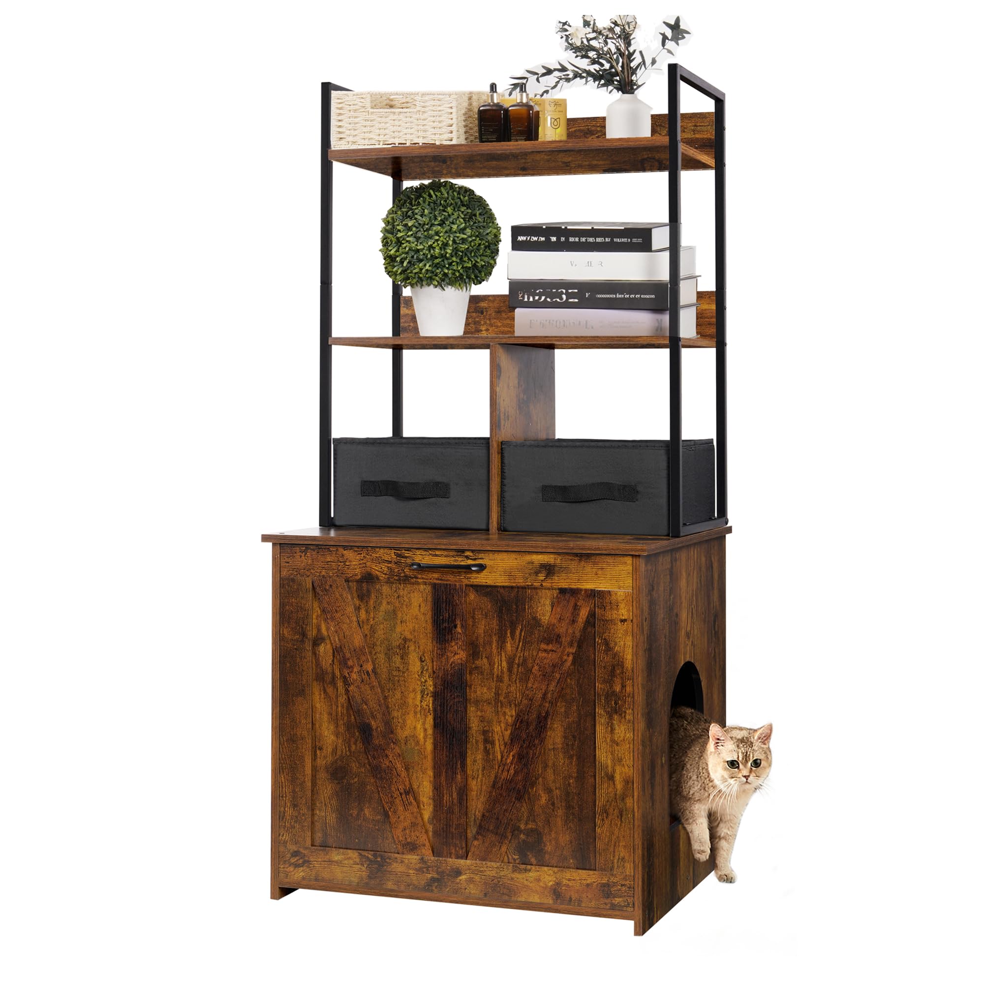 DWANTON Litter Box Enclosure with 2 Storage Shelves and 2 Drawers, 2-in-1 Hidden Cat Litter Box Enclosure Furniture with Shelf, 