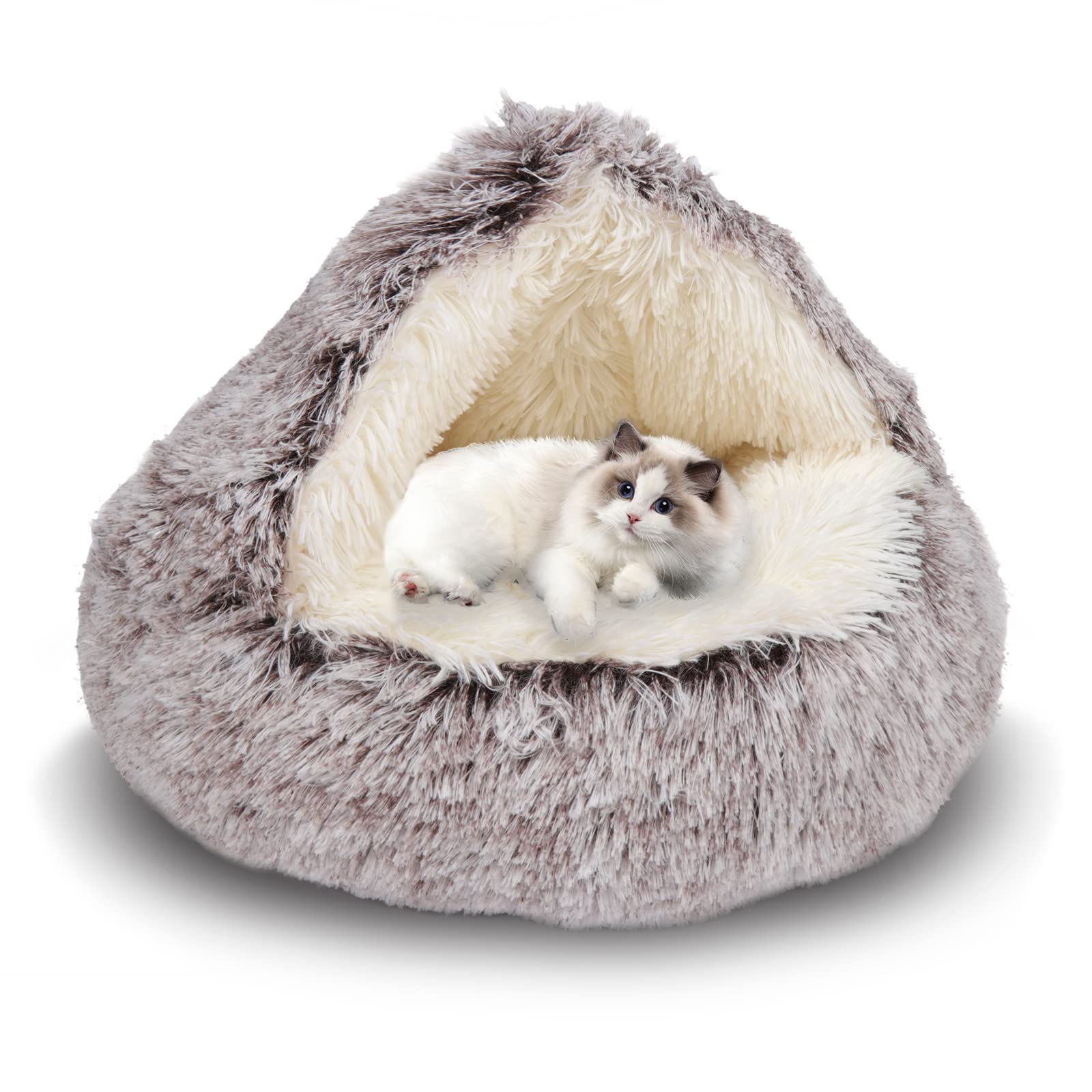 Shinhye Cat Bed Round Plush Fluffy Hooded Cat Bed Cave, Cozy For Indoor Cats Or Small Dog Beds, Soothing Pet Beds Doughnut Calm 