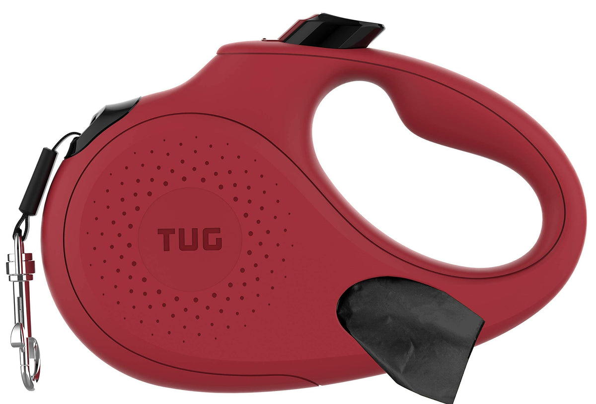 Tug Oval 360° Tangle-Free Retractable Dog Leash With Integrated Waste Bag Dispenser (Small, Red)
