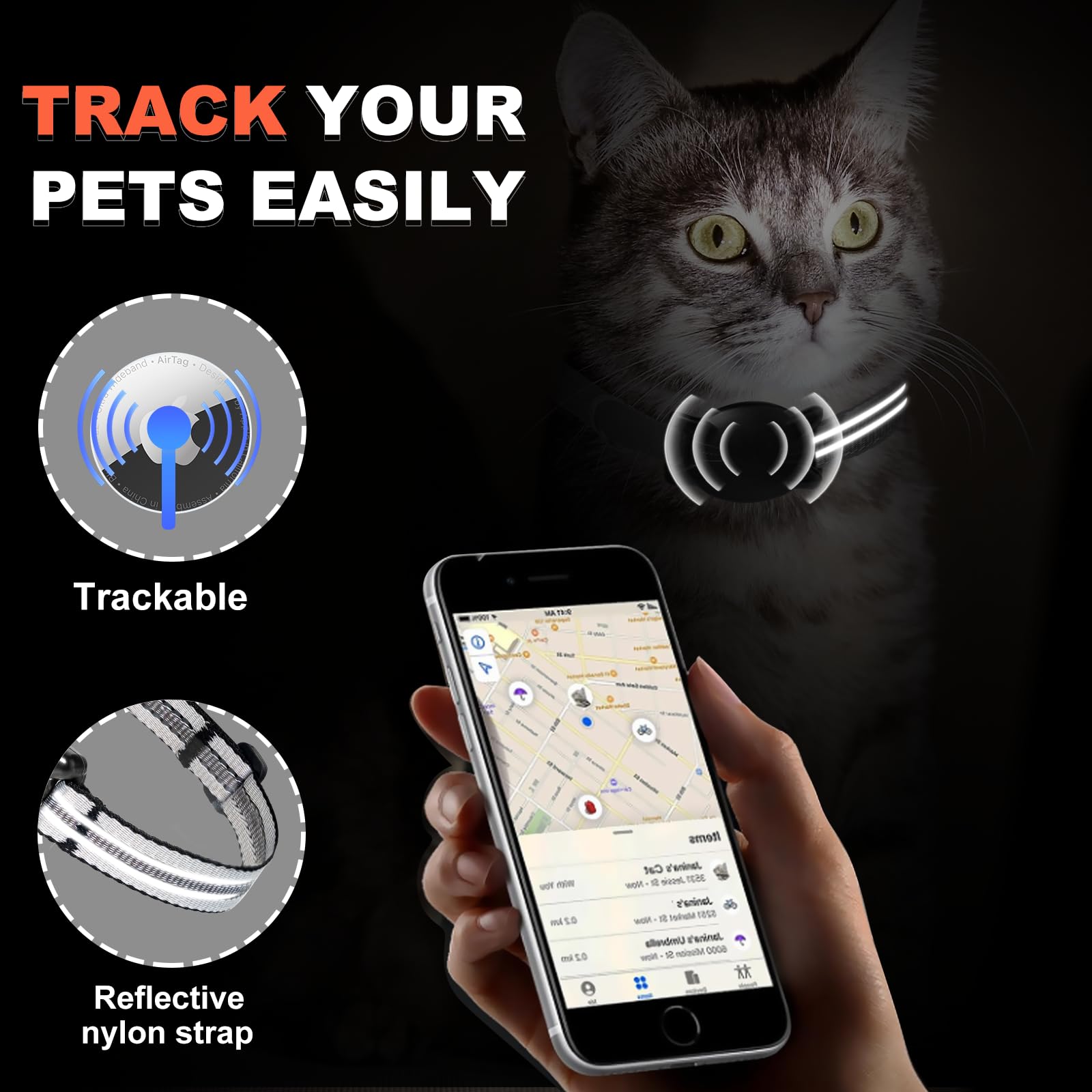 Domiphie Airtag Cat Collar - Integrated Cat Collar With Bells & Airtag Holder, Lightweight Reflective Cat Tracker Collar, Breaka