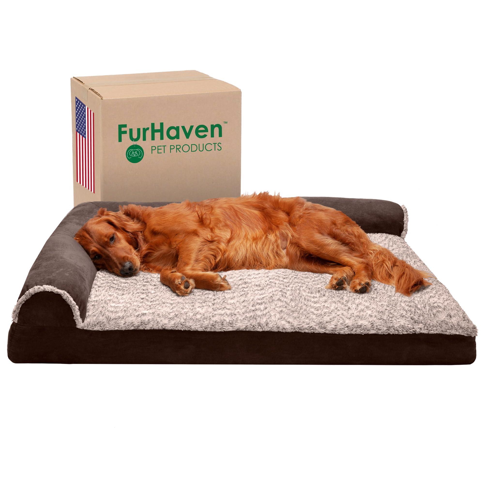 Furhaven Memory Foam Dog Bed For Large Dogs W/ Removable Bolsters & Washable Cover, For Dogs Up To 95 Lbs - Two-Tone Plush Faux 