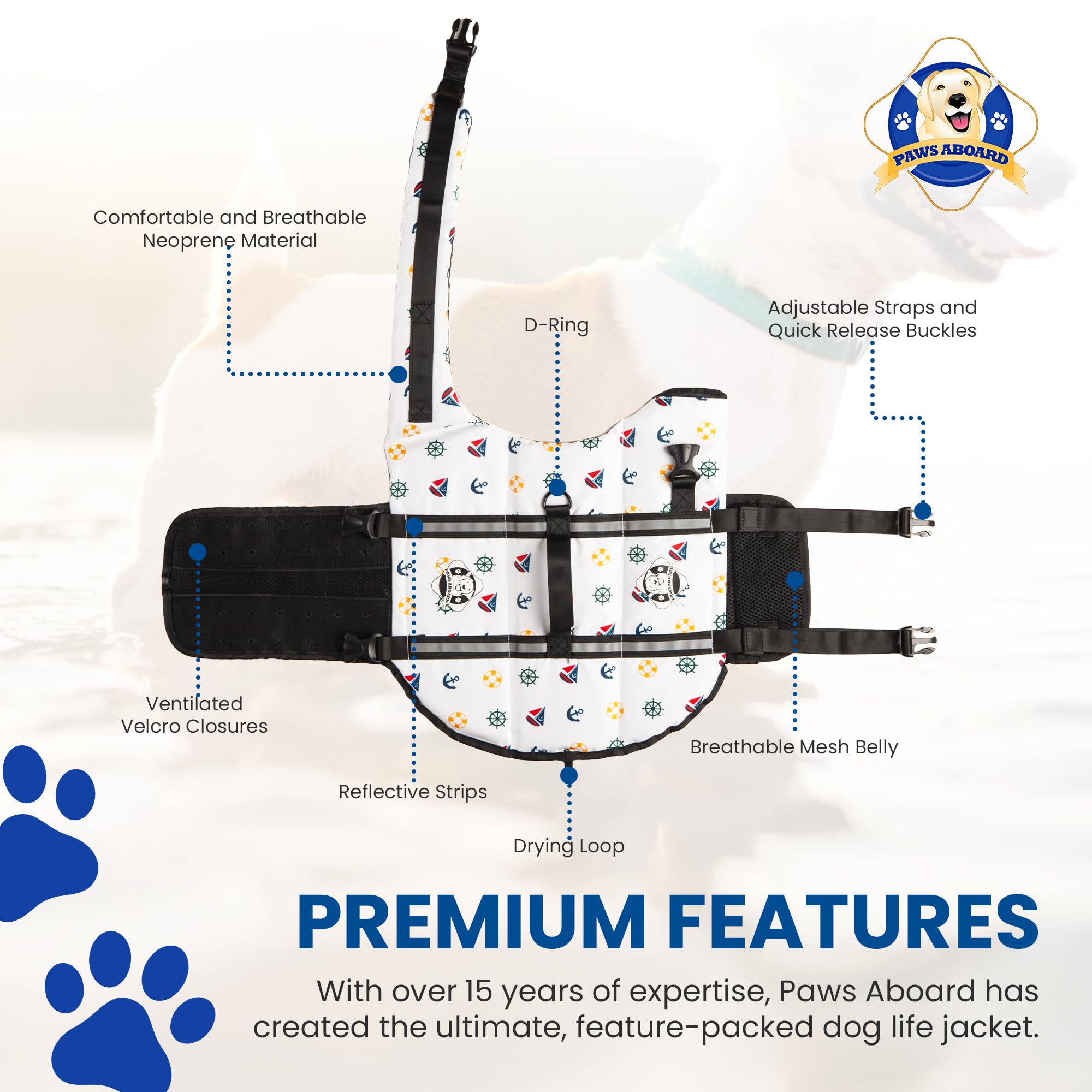 Paws Aboard Dog Life Jacket - Keep Your Canine Safe With A Neoprene Life Vest For Swimming And Boating - Available In Different Sizes, Color And Design To Choose - Nautical Dog, Medium