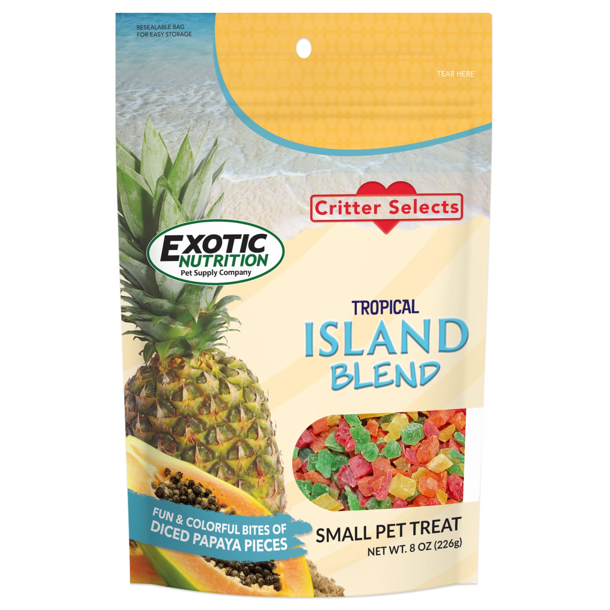 Island Blend Treat (8 oz.) - Healthy Natural Dried Diced Fruit Treat - Pineapple & Papaya - Sugar Gliders, Rats, Chinchillas, Fe
