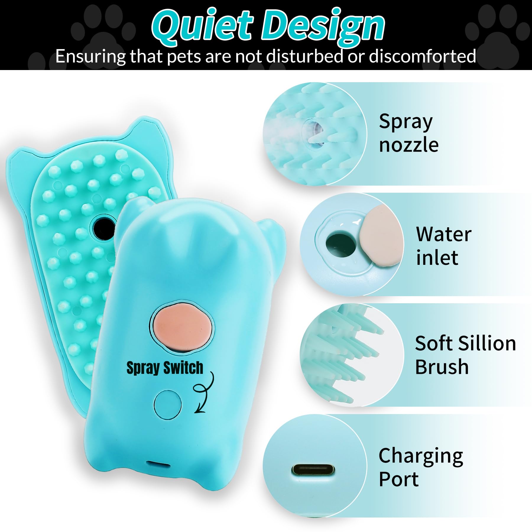 Steam Brush 3 In 1 For Shedding Grooming, Rechargeable Silicone Pet Brush For Cat Dog Massage And Clean Comb - Blue