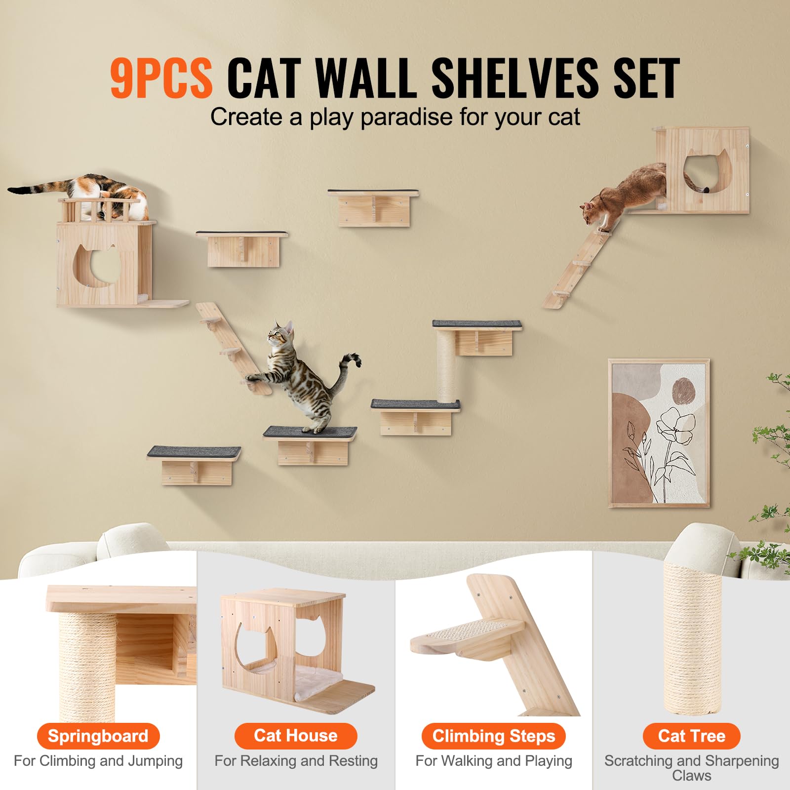 VEVOR Wall Mounted Cat Shelves, Cat Wall Shelves and Perches with Jumping Boards, Cat Beds, Hammocks & Cat Tree, Cat Furniture a