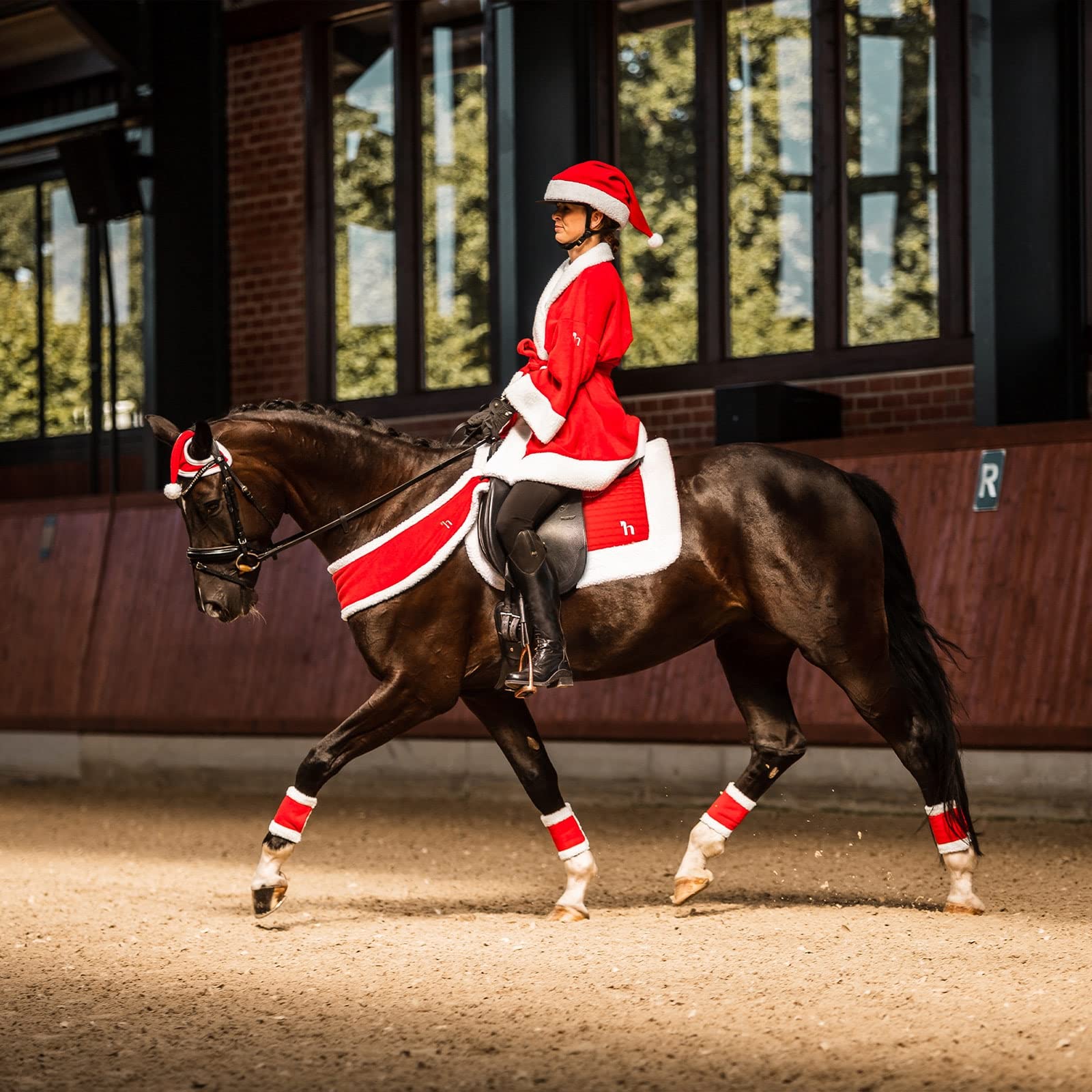 HORZE Christmas Santa Cap  Slip-On Horse Halter Cover with Fleece Trim - Red - One Size