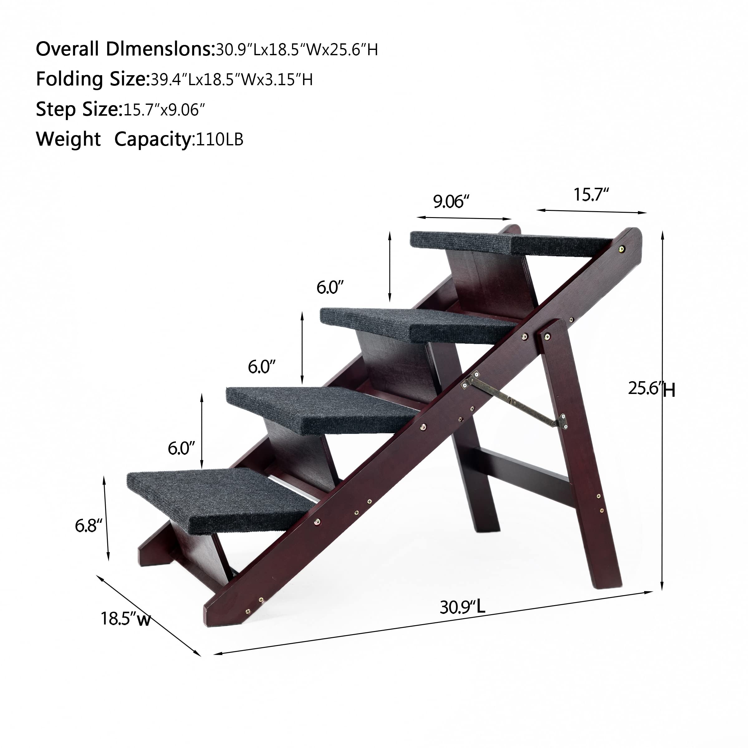 Mewang Wooden Pet Stairs/Pet Steps - 2-In-1 Foldable Stairs & Ramp For Beds And Cars - Portable Dog/Cat Ladder Up To 110 Pounds - Great For Small And Older Animals(Brown)