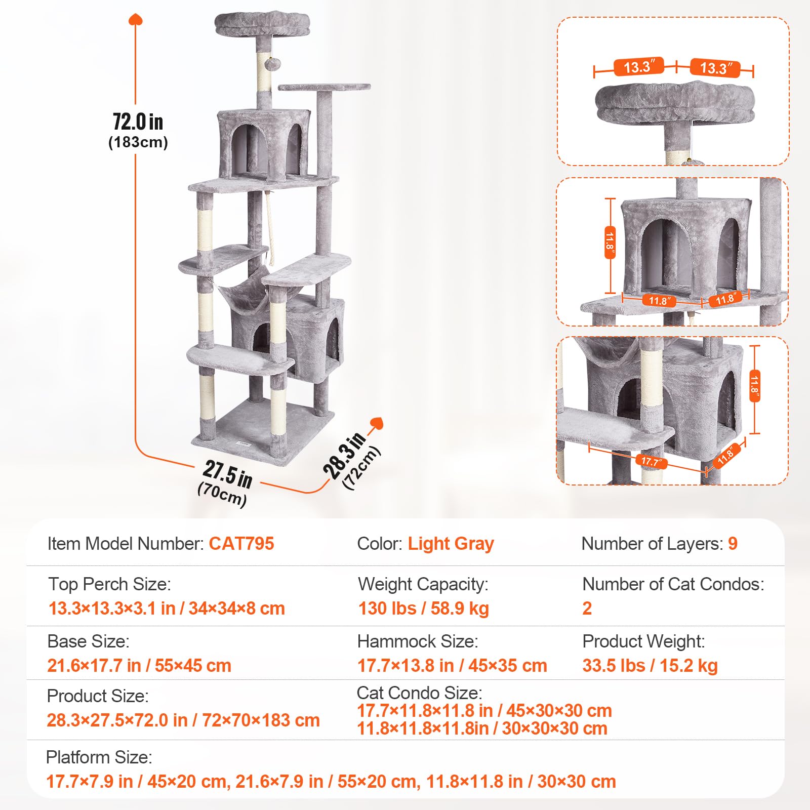 VEVOR Cat Tree 72 Cat Tower with 2 Cat Condos Sisal Scratching Post Light Grey
