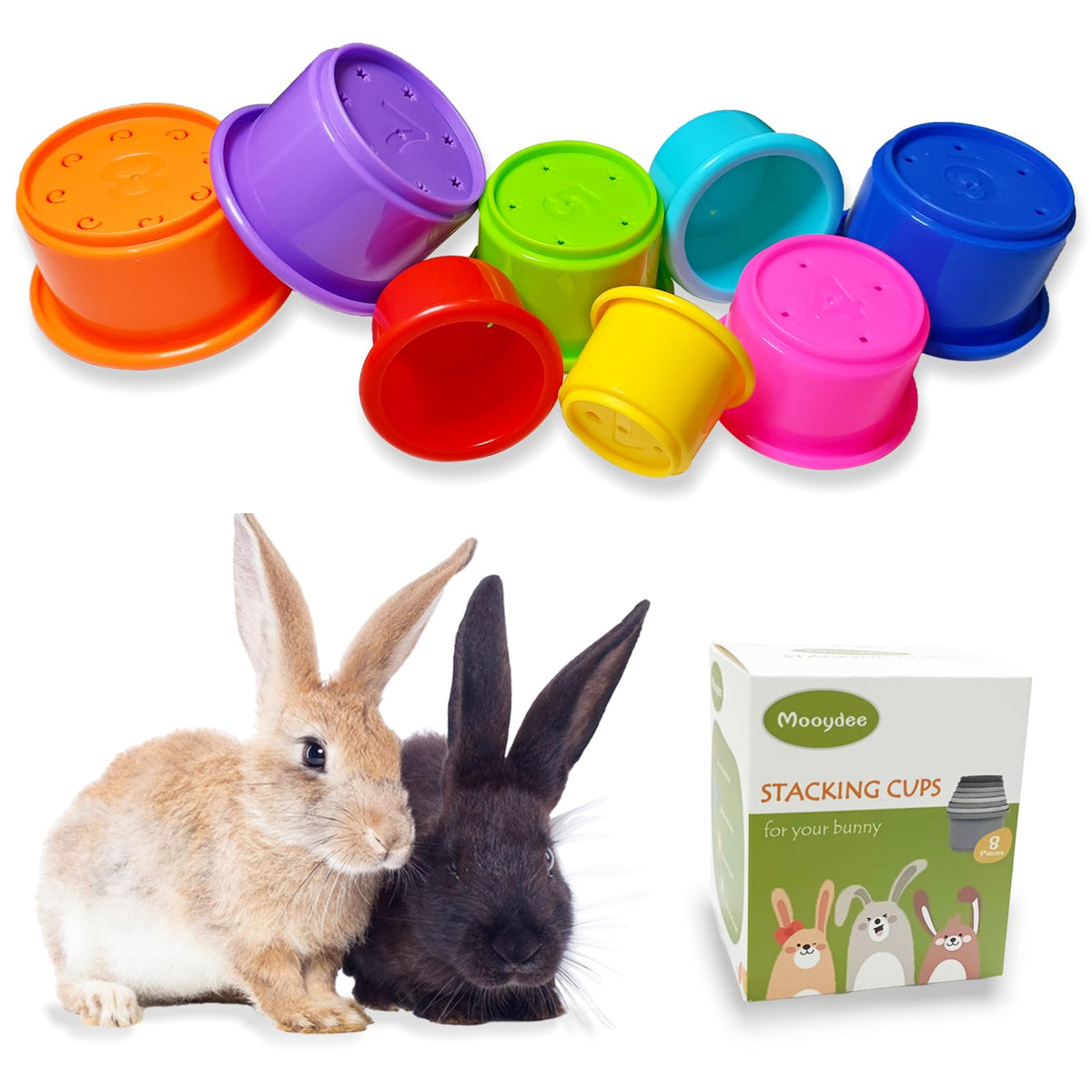 Mooydee 8 Pcs Stacking Cups For Rabbits Guinea Pig - Safe Reusable Bunny Toys Rabbit Toys In Different Sizes, Durable Rainbow Co