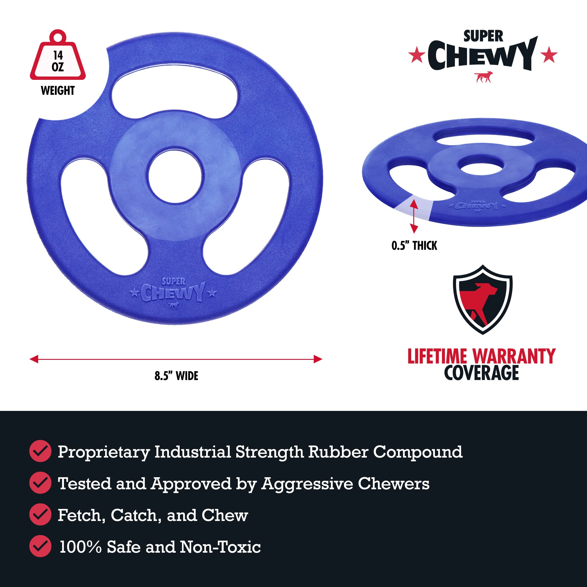 Tuff Pupper SuperChewy Tough Tug-of-War Flying Disc Toy - Large 8.5 Natural Rubber Fetch Toy for Aggressive Chewers, Lifetime Replacement