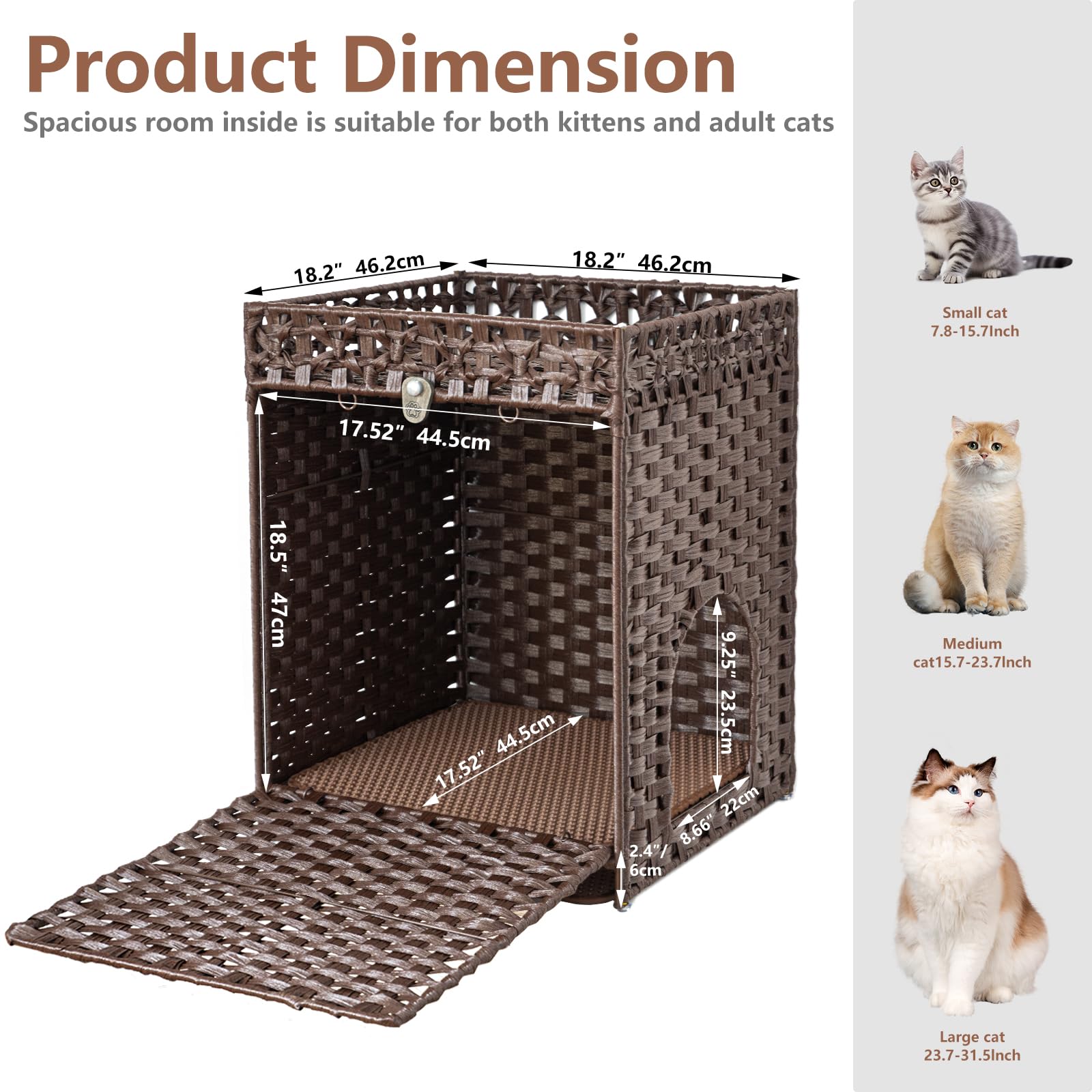 KOUSEI Handwoven Rattan Cat Litter Box Enclosure Furniture - Hidden Indoor Pet House with Door & Mat, Discreet Washroom Cabinet