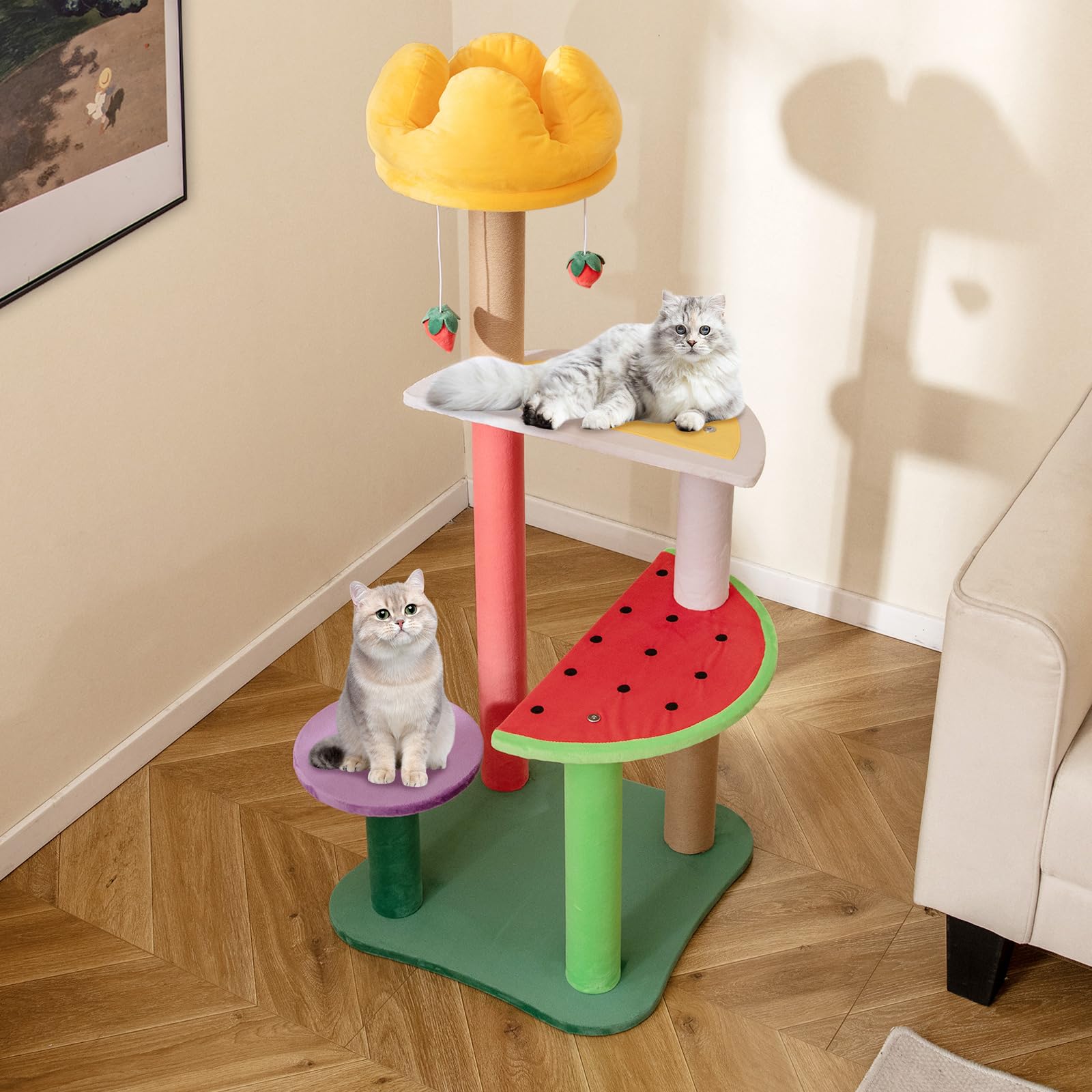 Tangkula Fruit Cat Tree, Multi-Level Cute Cat Tower with Scratching Posts, Padded Top Perch, Strawberry Dangling Balls, Watermel