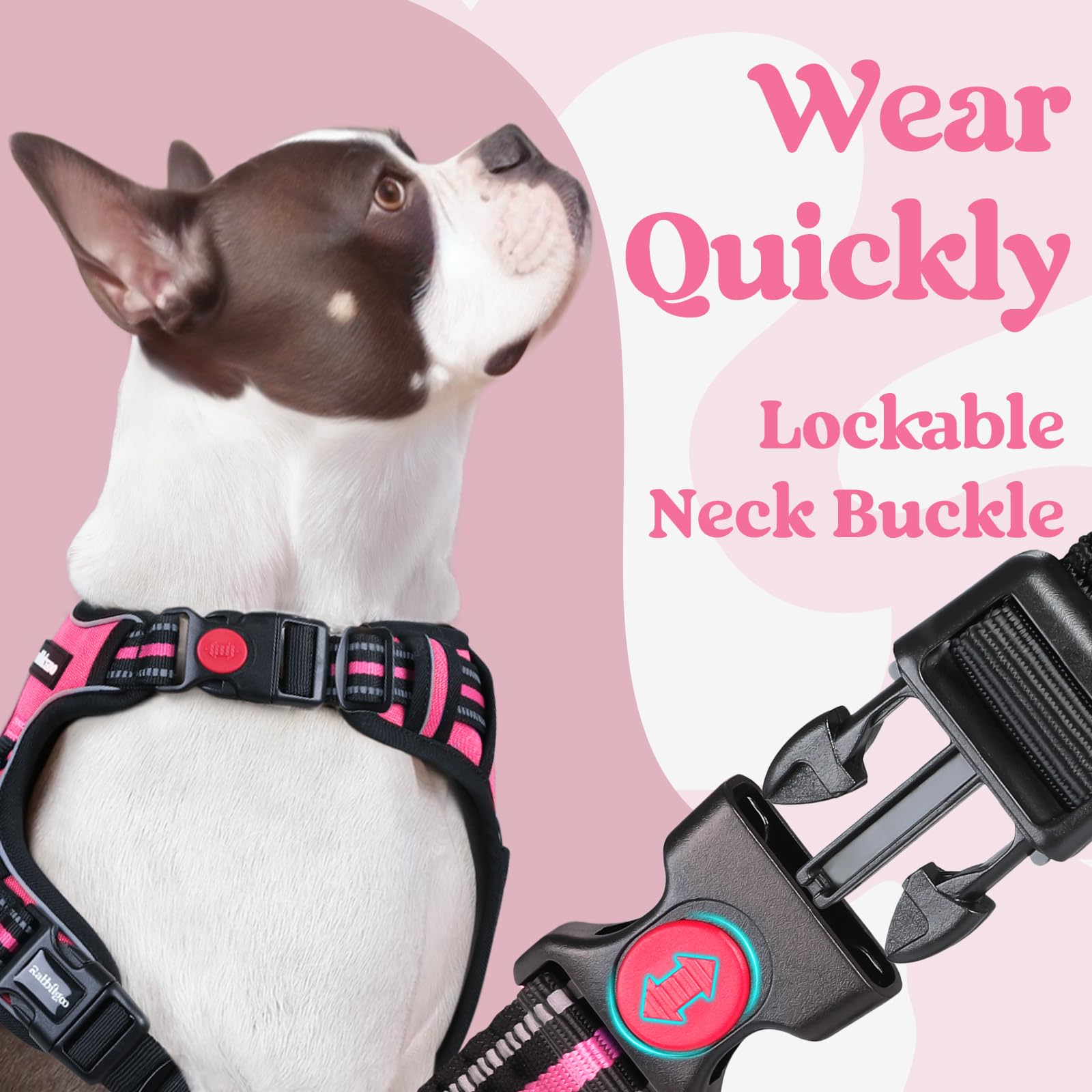 Rabbitgoo Dog Harness Medium Sized, No Pull Pet Harness With 3 Buckles, Adjustable Soft Padded Pooch Vest With Instant Control Handle, Easy Walking Reflective Pet Vest For Medium Dogs, Rose Pink, M