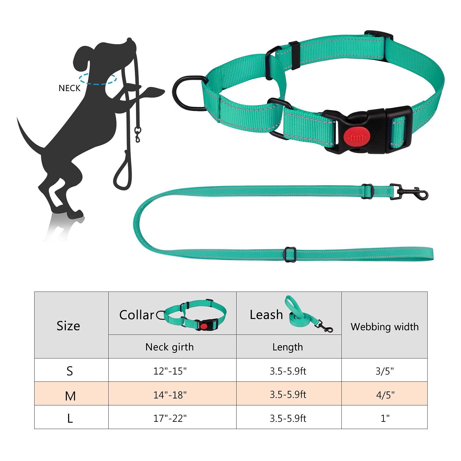 Martingale Dog Collar And Leash Set Martingale Collars For Dogs Reflective Martingale Collar For Small Medium Large Dogs(Mint Green&L)