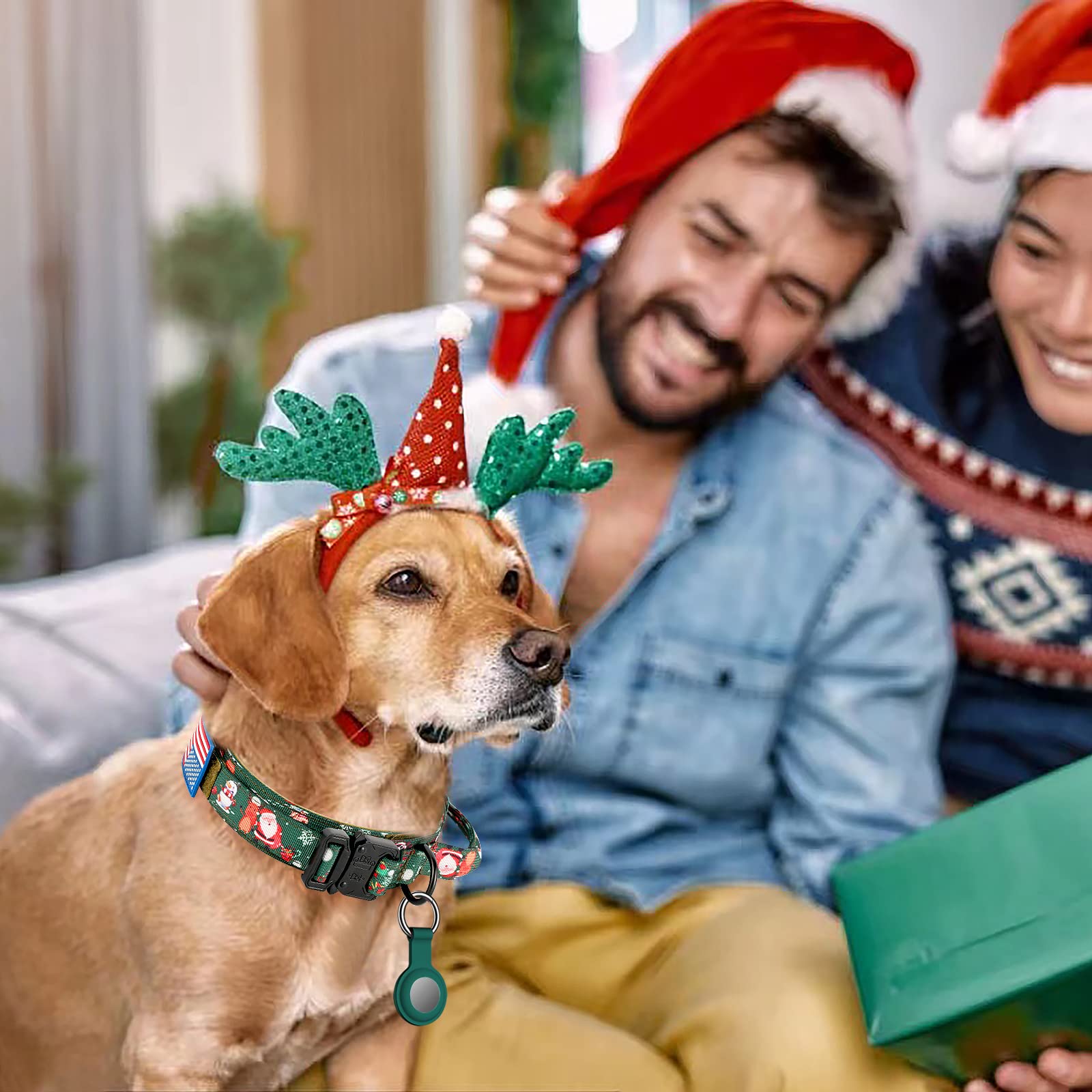 Daganxi Christmas Tactical Dog Collar, Adjustable Military Training Nylon Dog Collar With Control Handle And Metal Buckle For Medium And Large Dogs, With Patches And Airtags Case (L, Christmas Green)