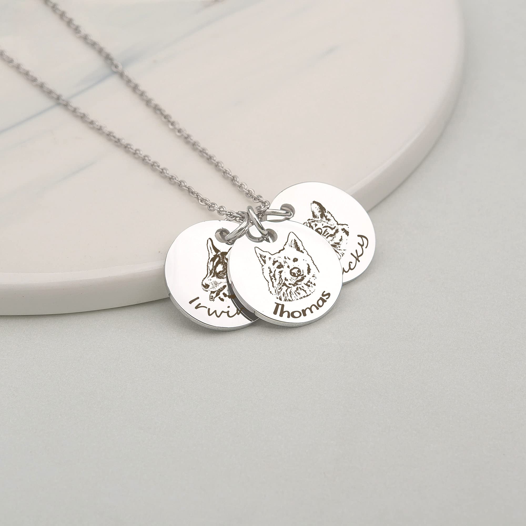 Anavia Personalized Pet Portrait Necklace, Handmade Pet Dog Cat Memorial Jewelry Gift, Customized Round Disc Photo Engraved Neck