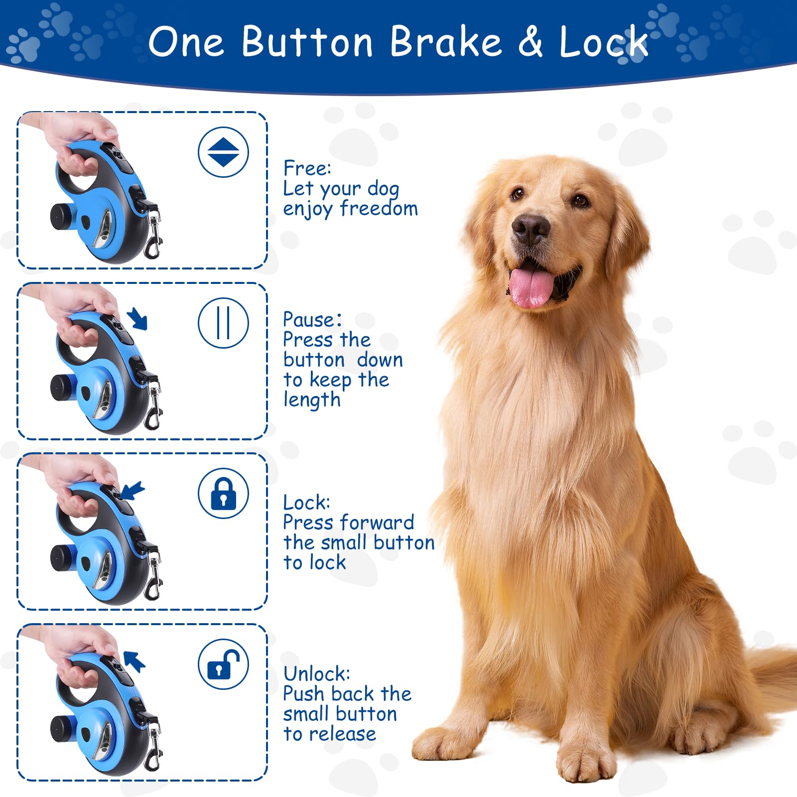 26Ft Retractable Dog Leash - for Dog Up to 110lbs, Tangle Free Walking Leash with Chew Proof Cable | LED Light | Dispenser | Poo