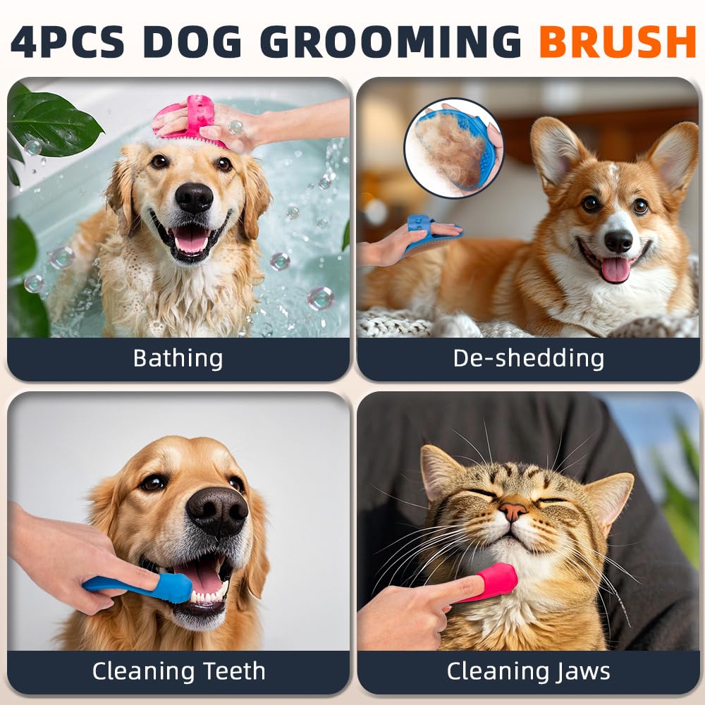 4Pcs Dog Bath Brush | Scrubber For Bath | Shampoo Brush | Toothbrush | Finger Toothbrush | Dog Shower/Washing Brush With Adjusta