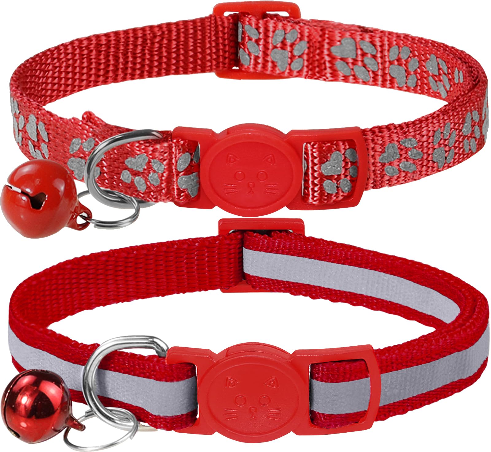 Taglory Reflective Cat Collar Breakaway With Bells, 2 Pack Girl Boy Pet Cat Collar Adjustable 7.5-12.5 Inch, Red