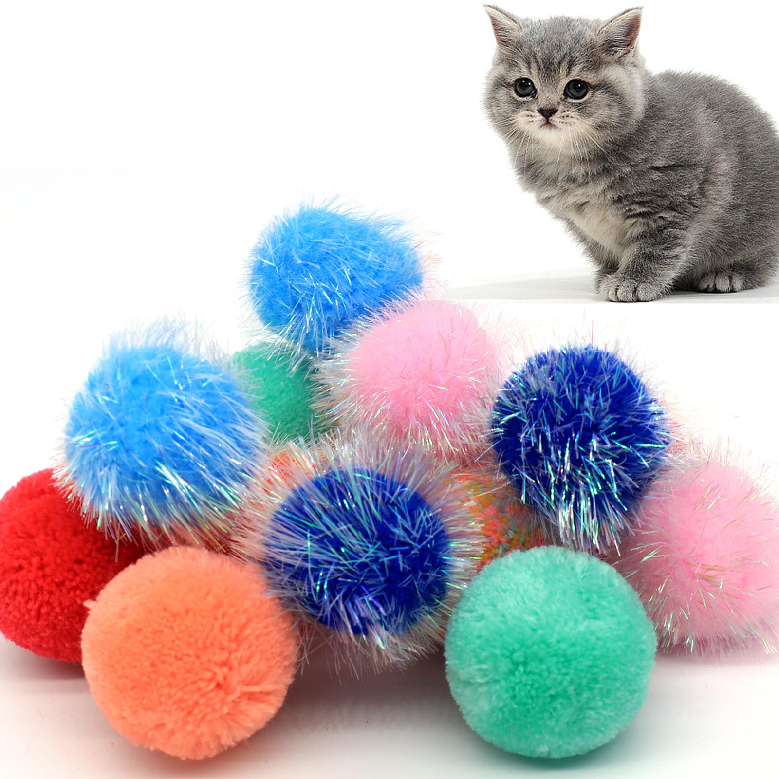 WaoDoing Cat Balls Toy, Kitten Ball Soft Cat Pom Pom Sparkle Fuzzy Balls Without Bells 14 Pcs