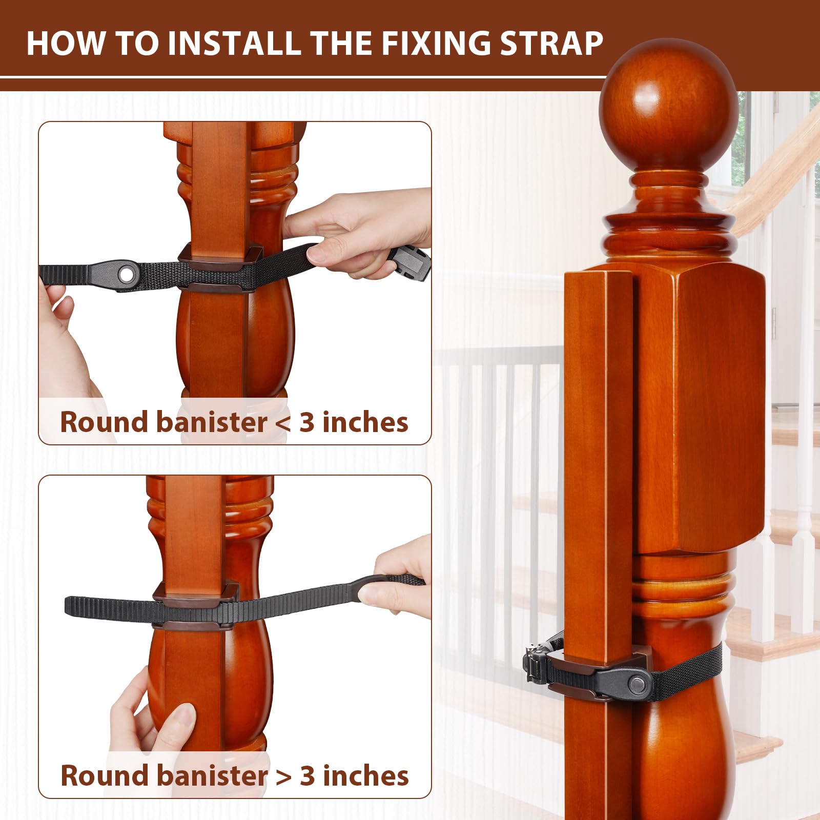 2 Pcs No Hole Stairway Baby Gate Mounting Kit - Fits Round & Square Banisters, Compatible with Most Hardware and Pressure Mount