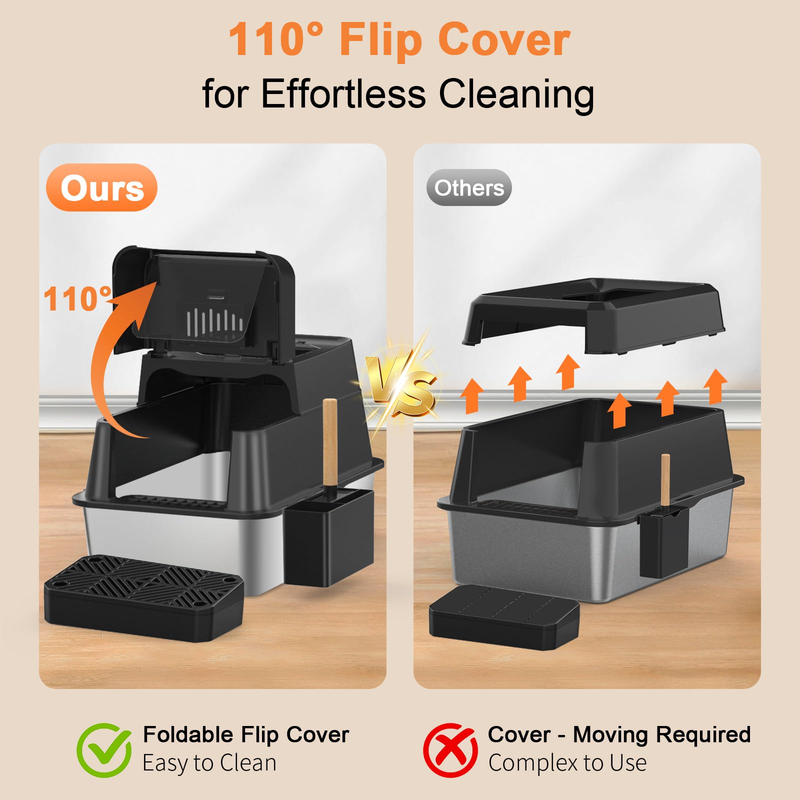 URPOWER Stainless Steel Cat Litter Box with Lid 110 Flip-Top Extra Large Enclosed Litter Box Non-Sticky Metal Pan with High Side