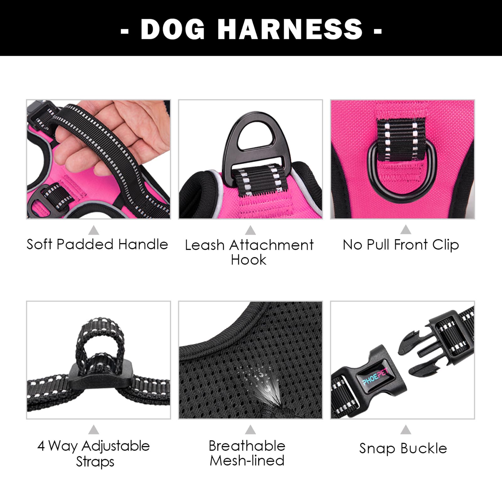 Phoepet No Pull Dog Harness Medium Reflective Front Clip Vest With Handle,Adjustable 2 Metal Rings 3 Buckles,[Easy To Put On & Take Off](M, Pink)