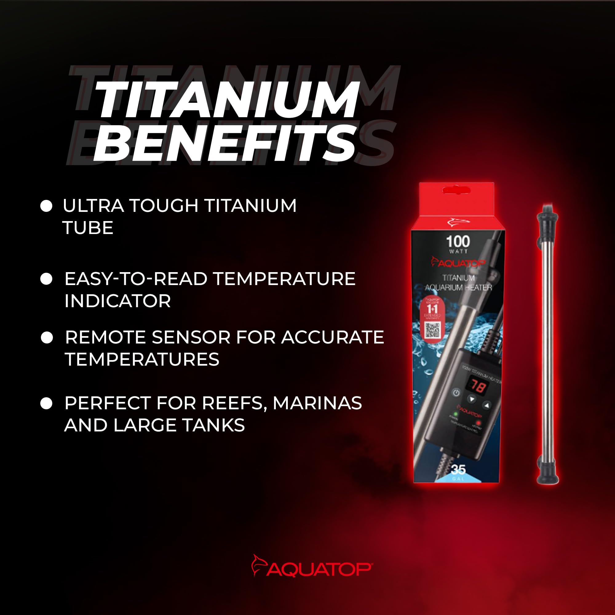 Aquatop TH-C100 Titanium Heater - Fully Submersible, Adjustable Temp, 100W for Turtles & Large Fish, Up to 35 Gallons