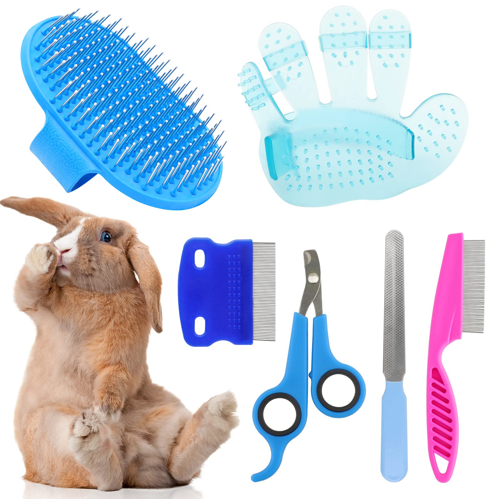 Rabbit Grooming Kit, Rabbit Brush For Shedding With Bunny Nail Clipper, Rabbit Nail Trimmers With Pet Combs For Hamster Guinea P