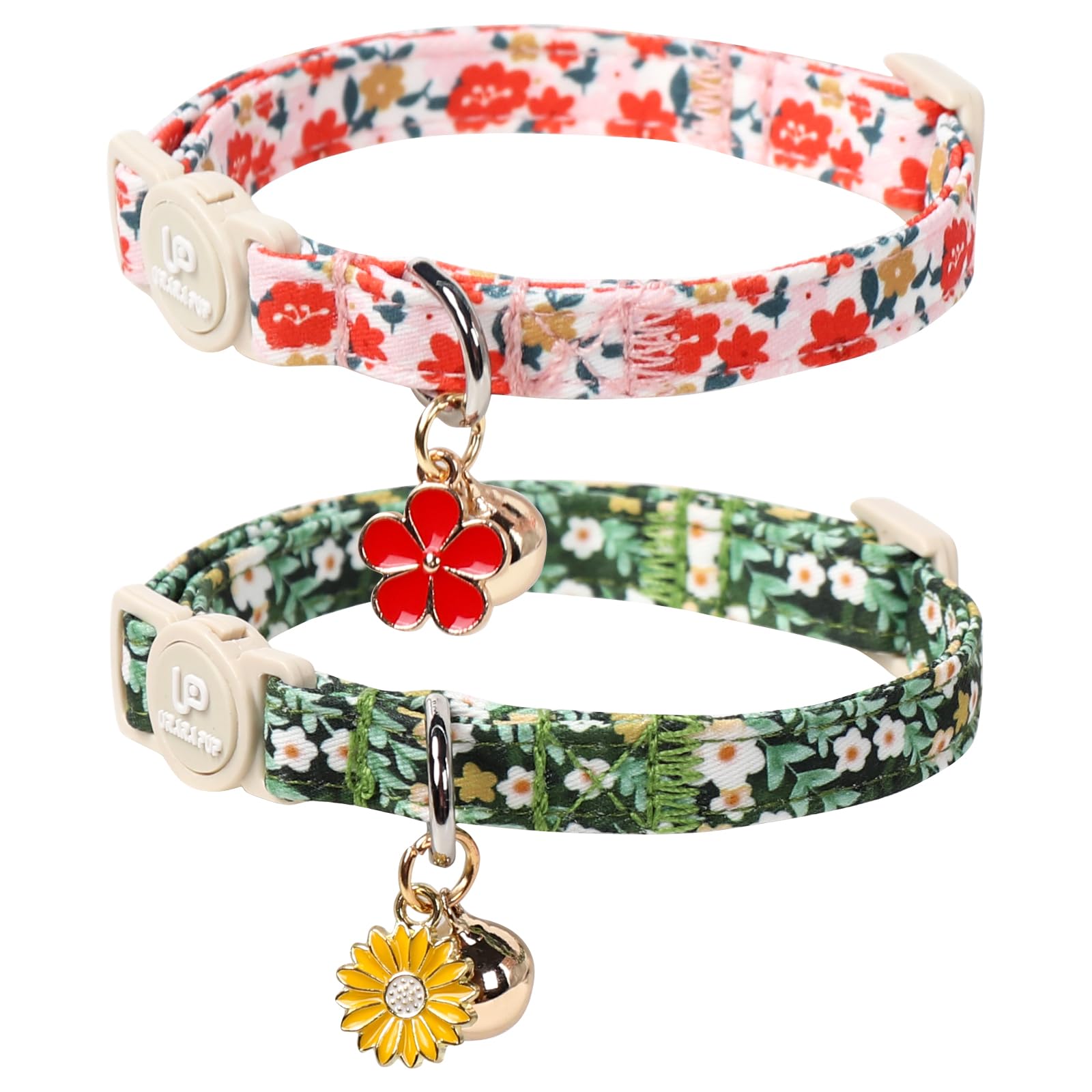 Up Urara Pup Cat Collar, 2Pack Flower Cats Collars-Cute Summer Breakaway Cat Collar With Bell & Pendant, Pretty Flower Kitten Co