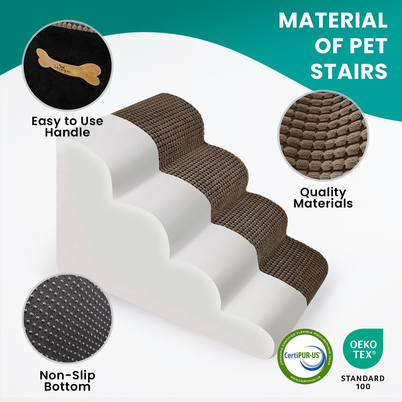 Blunique 5-Step Dog Stairs For High Beds And Couch, Foam Ramp With Non-Slip Waterproof Fabric Cover, Brown Pet Stairs For Joints