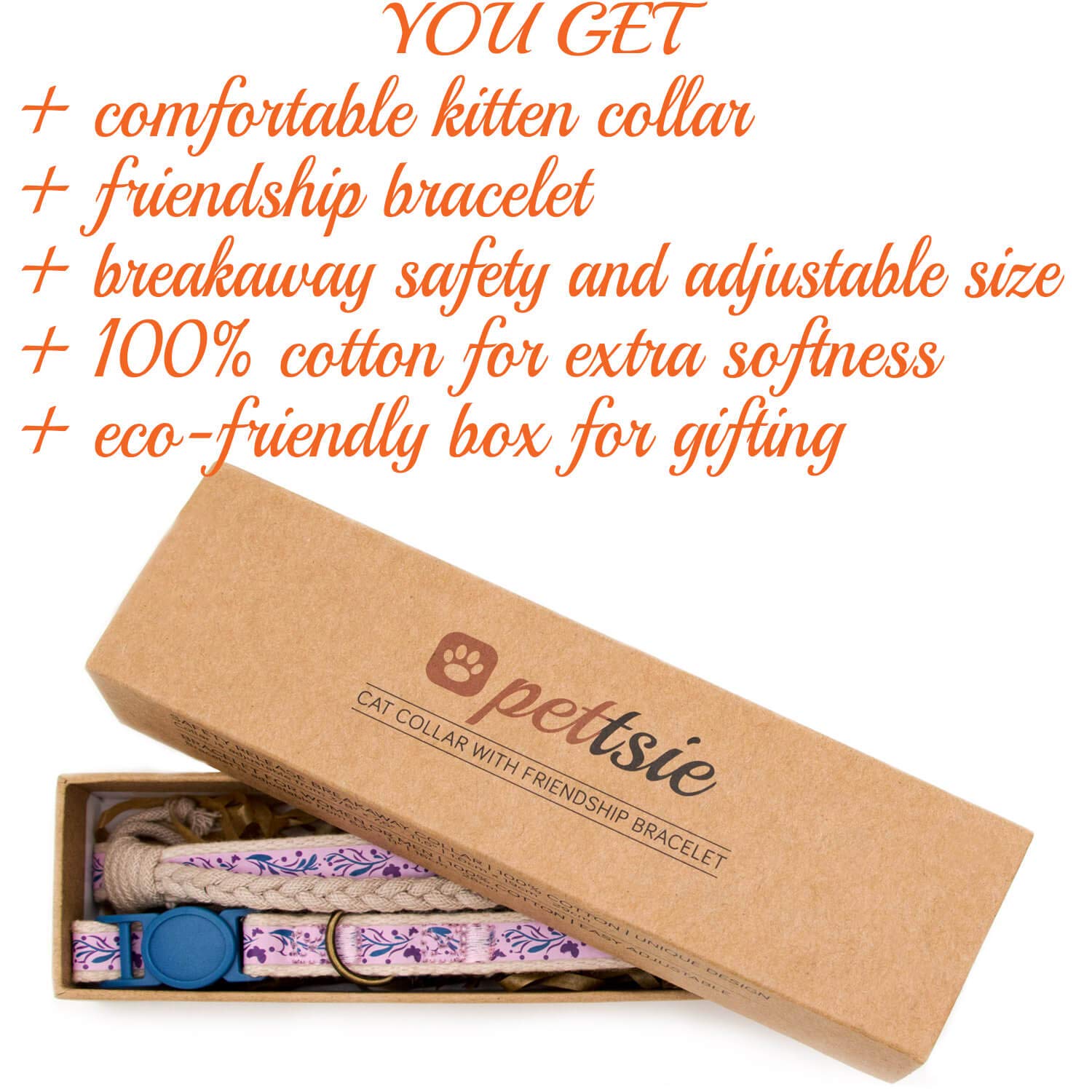 Pettsie Kitten Collar Set, Breakaway Safe Buckle, Matching Friendship Bracelet, Soft Cotton For Sensitive Skin, D-Ring For Accessories, Carton Box, Easy Adjustable 5-8 Inches Neck, Purple