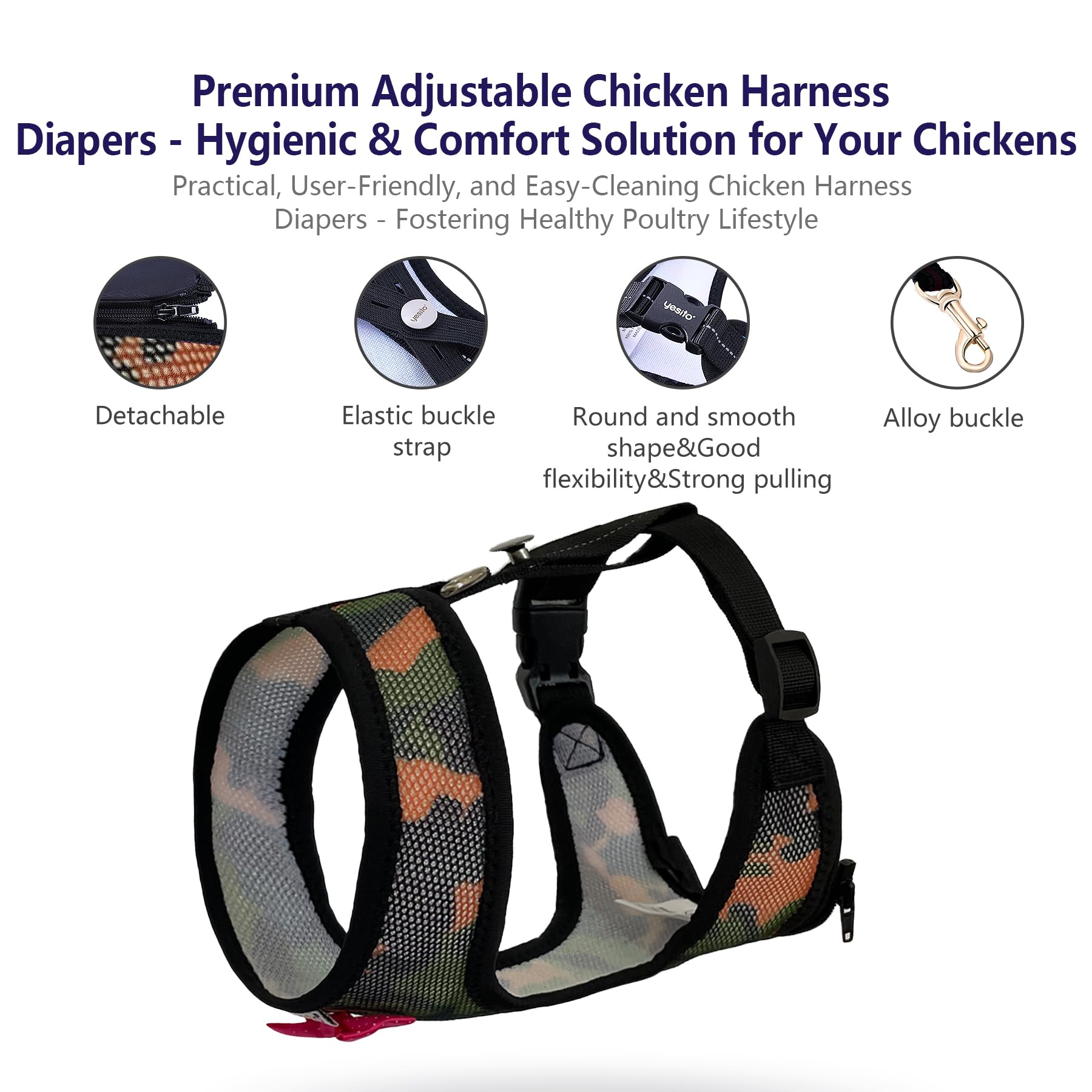 Yesito Premium Adjustable Chicken Harness with Camouflage Design & Comfortable Breathable Fabric - Includes Resilient 5.4ft Matc