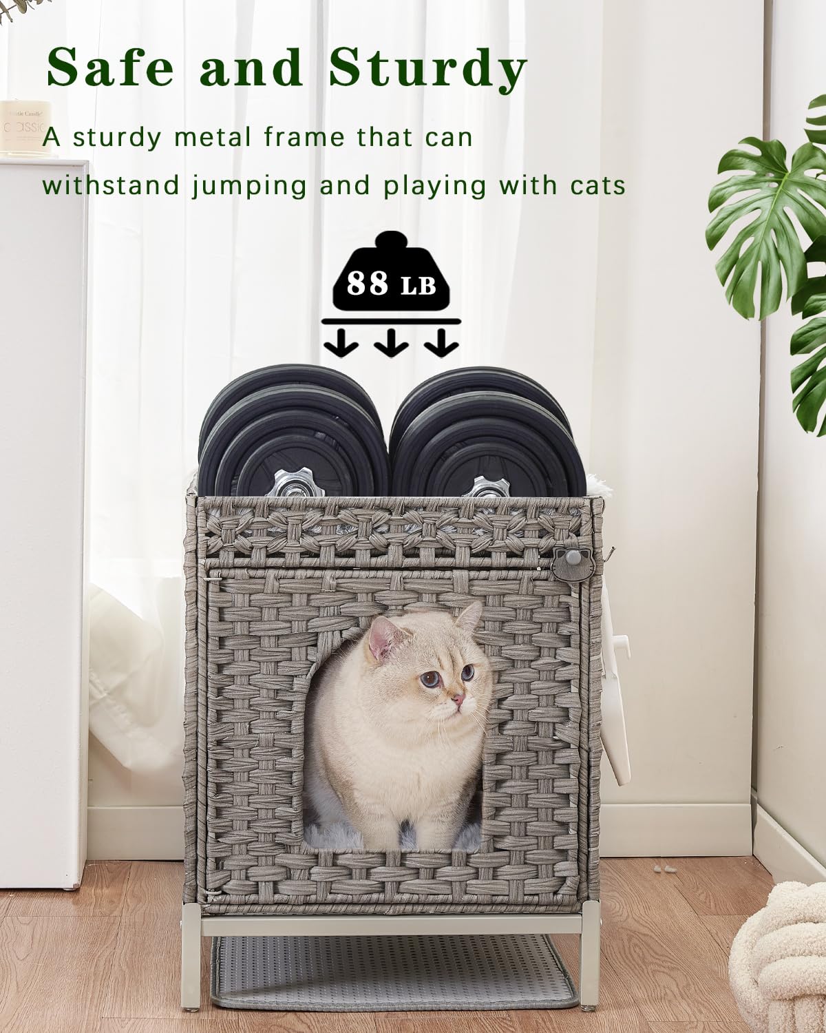 Setvson Cat Litter Box Enclosure Hidden Litter Box Furniture With Metal Heightened Feet, Rattan Handwoven Cat House With Litter