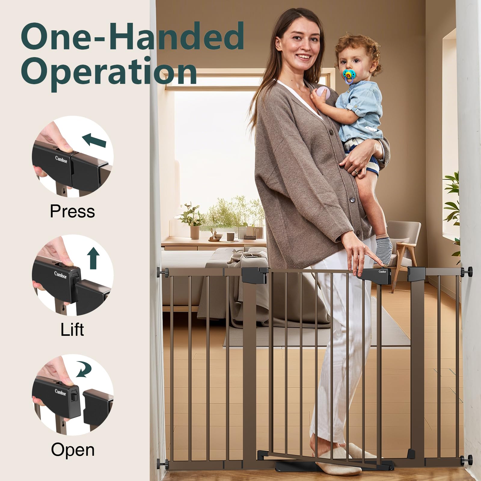 Cumbor 29.7-48' Baby Gate For Stairs, Mom'S Choice Awards Winner-Dog Gate For Doorways, Auto Close Safety Pet Gate For Dogs Indoor, Easy Install Pressure Mounted Child Gate With Walk Thru Door, Brown