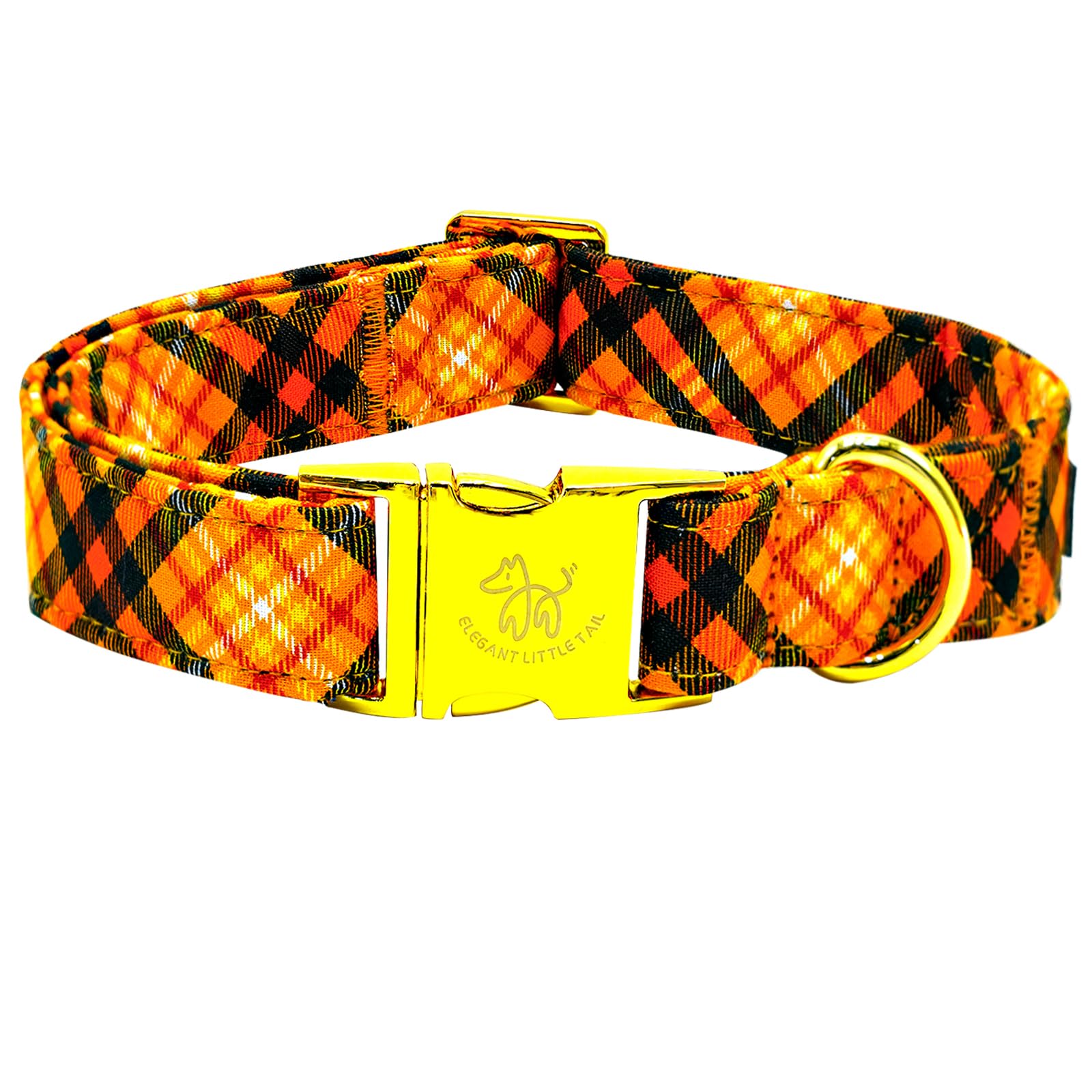 Elegant Little Tail Orange Plaid Cotton Dog Collar With Metal Buckle For Small Dogs