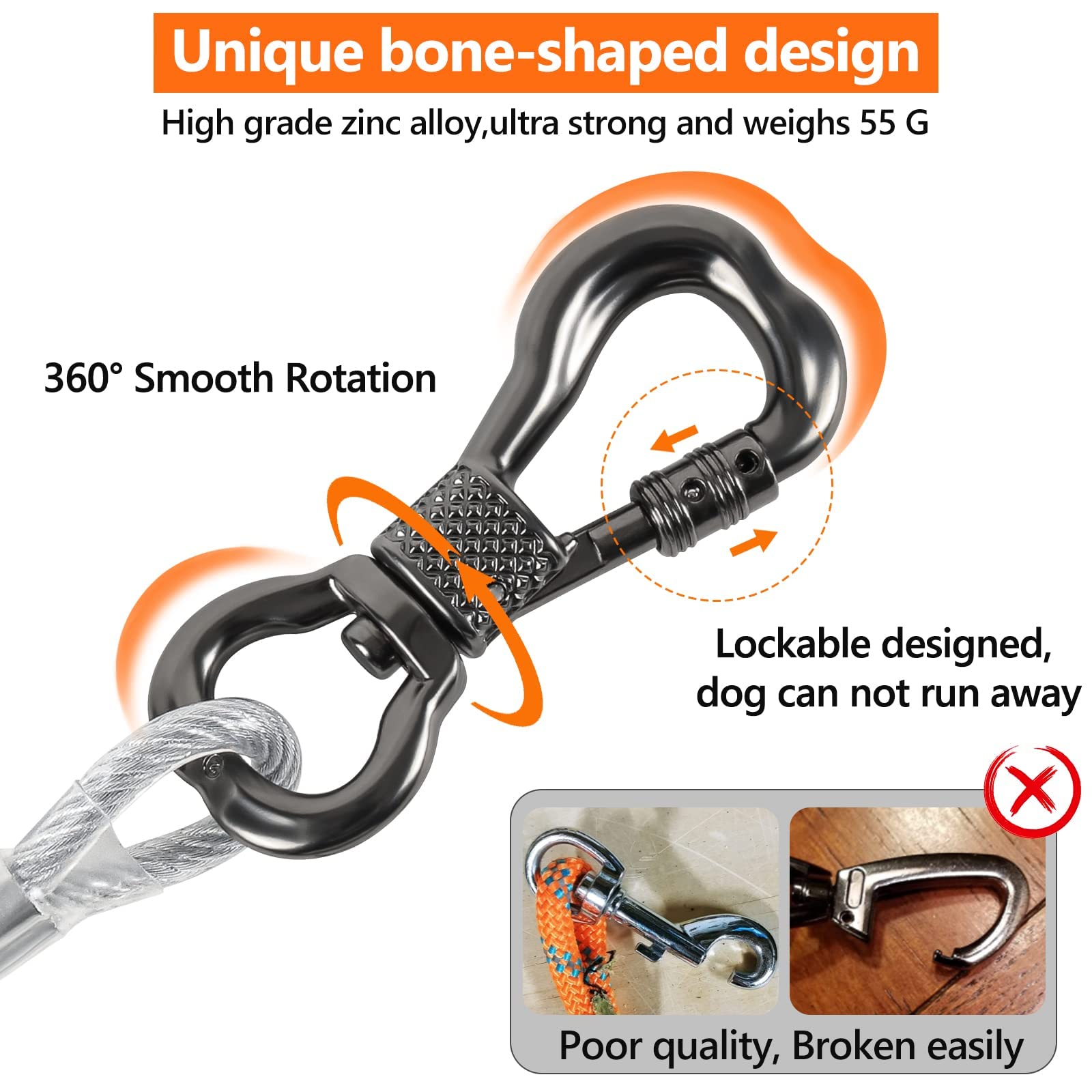 Xiaz Dog Runner Tie Out Cable For Dogs Up To 60/120/250 Pound, 10Ft 15Ft 20Ft 25Ft 30Ft 40Ft 50Ft 60Ft 70Ft 100Ft 120Ft Dog Lead Line For Yard, Camping, Park, Outside (Silver, 250Lbs 15Ft)