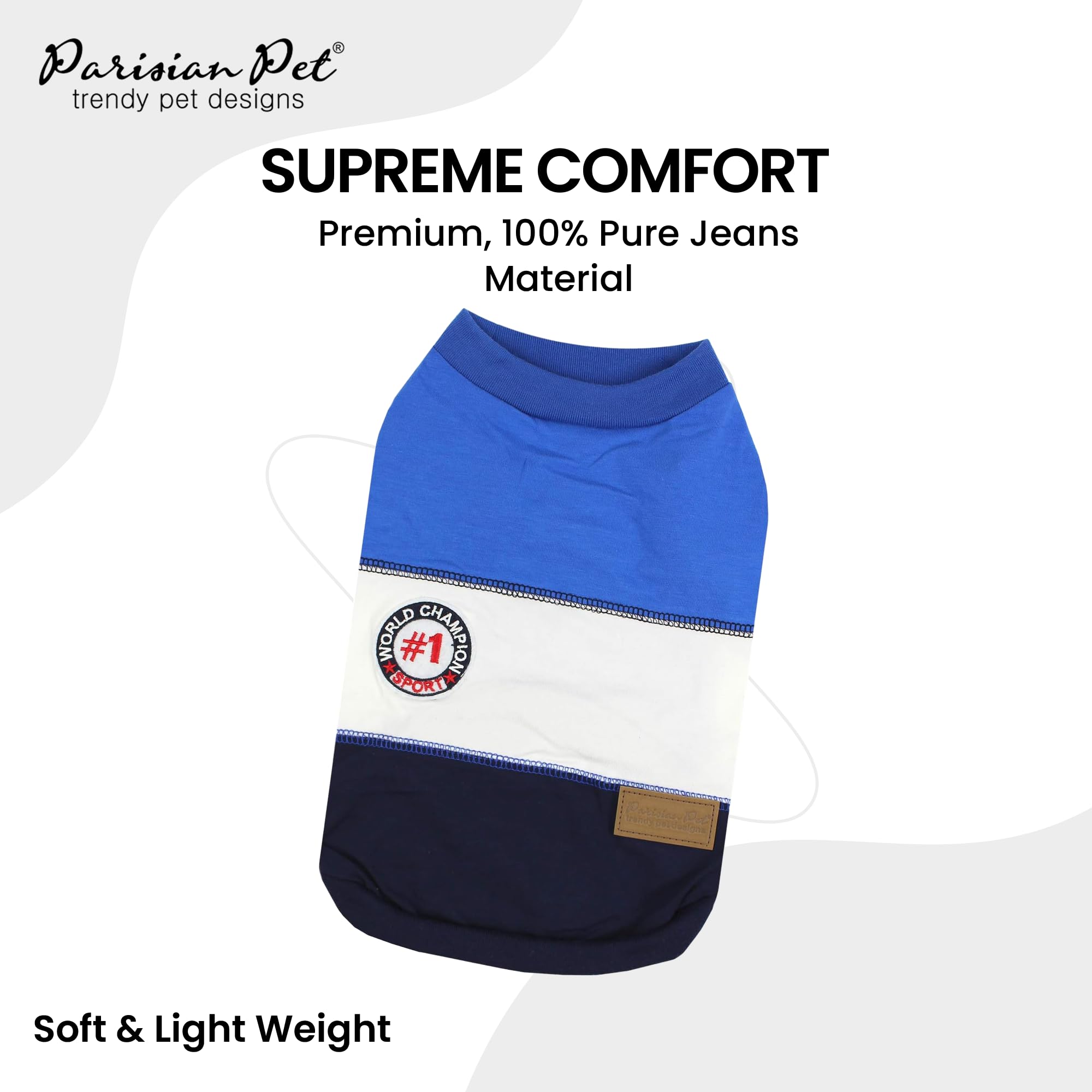 Parisian Pet Dog T-Shirt - Embroidered 'Worlds Champion' Dog Shirt - Lightweight Sleeveless Color Block Tee - Machine Washable -