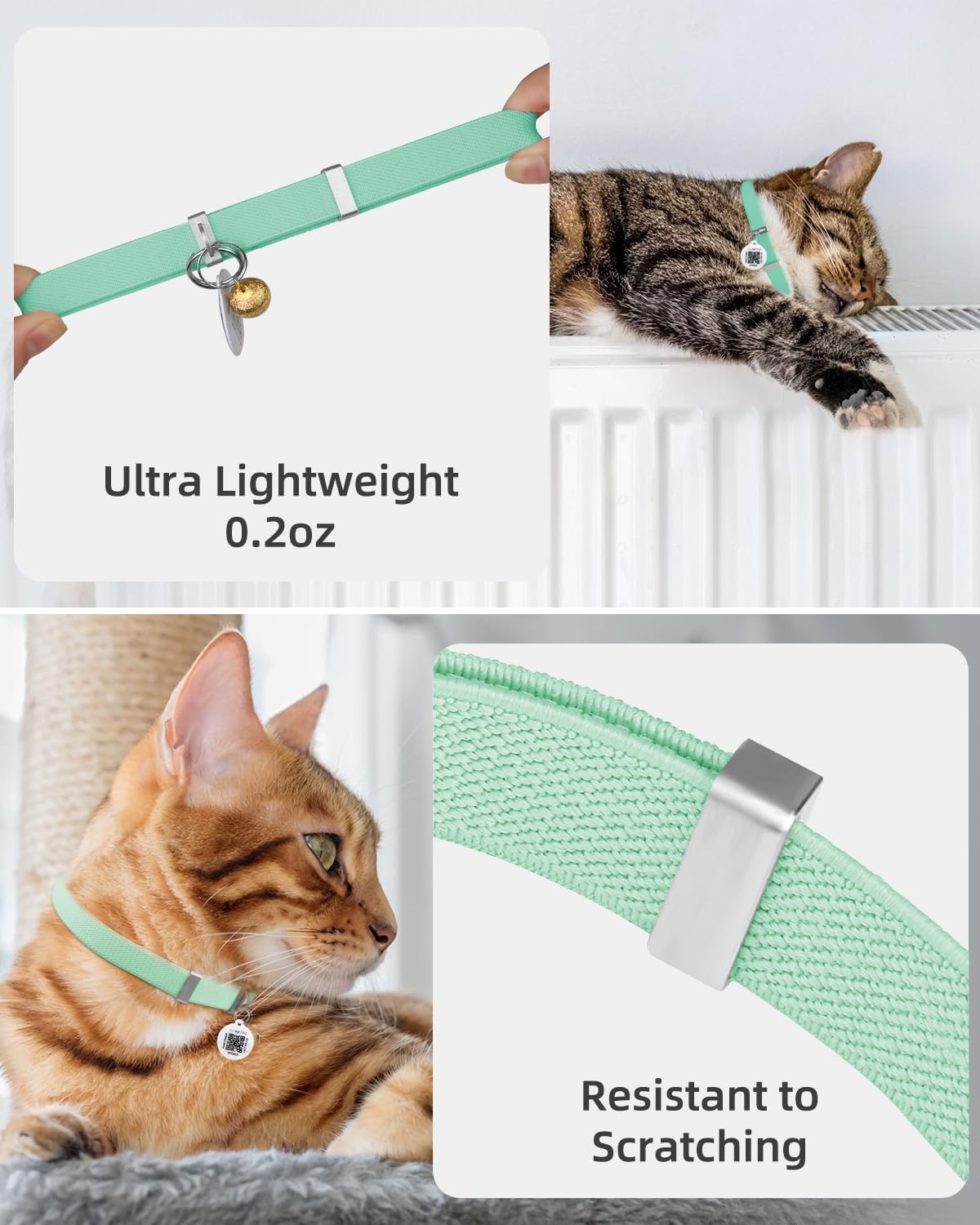Cat Collar With Bell For Girl & Boy Cats - Non Breakaway Stretch Elastic Quick Release, Lightweight Kitten Collar, Adjustable &