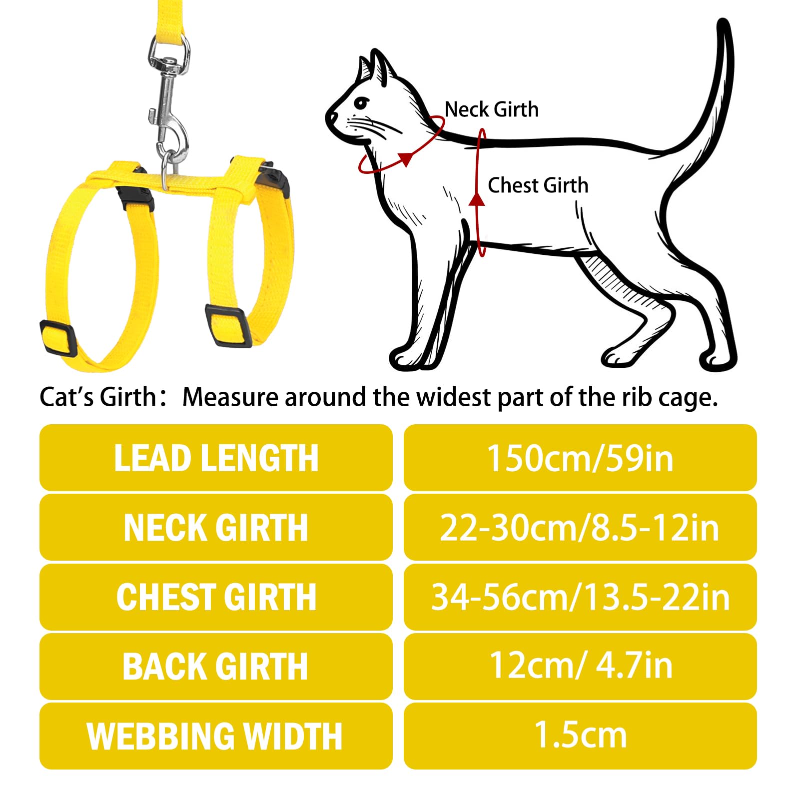 Pupteck Adjustable Cat Harness And Leash Set Escape Proof Kitten Strap Collar For Walking Travel, Yellow, M