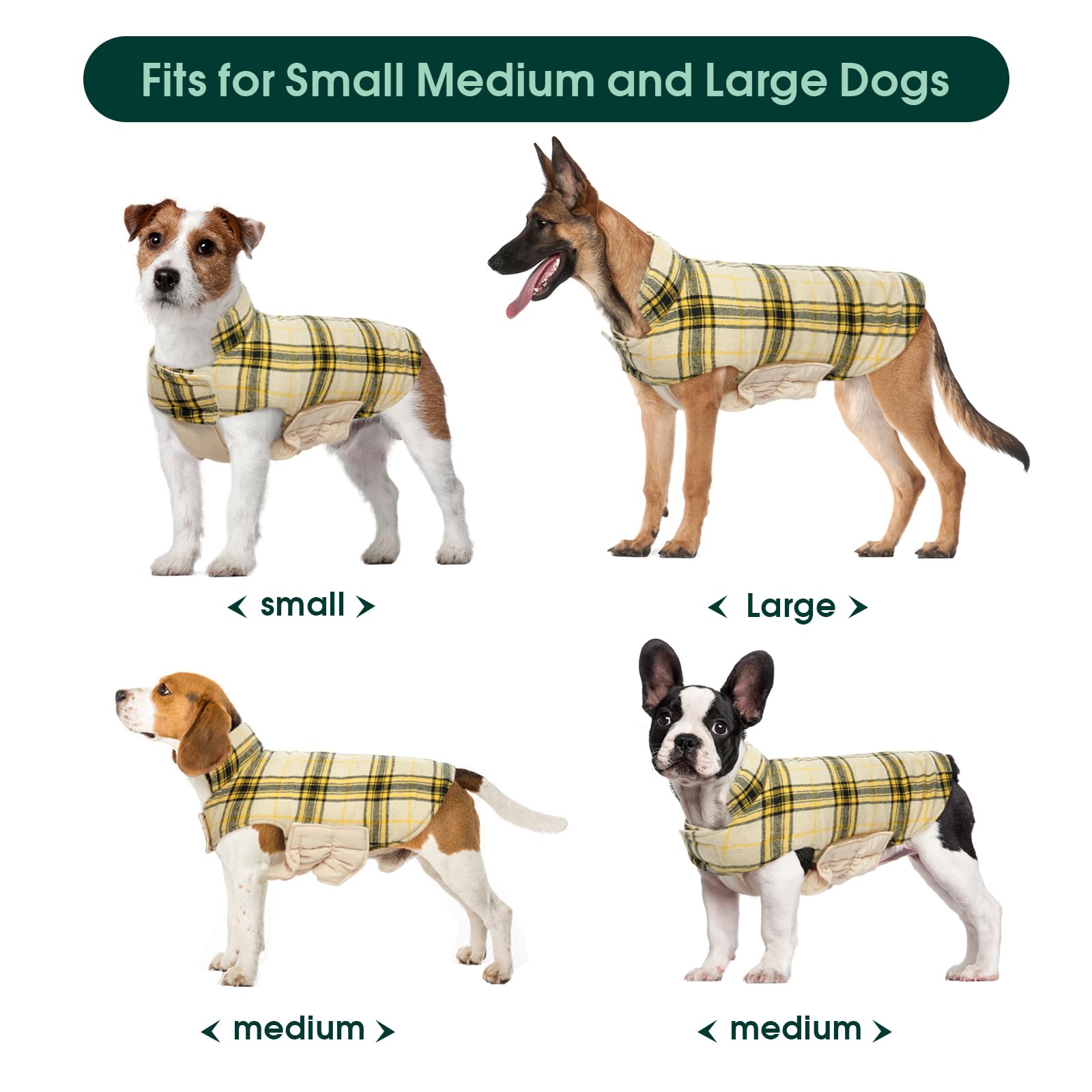 Kuoser Warm Dog Coat, Reversible Dog Jacket Waterproof Dog Winter Coat British Style Plaid Dog Clothes Pet Dog Cold Weather Coats Cozy Snow Jacket Vest For Small Medium Large Dogs Yellow Xl