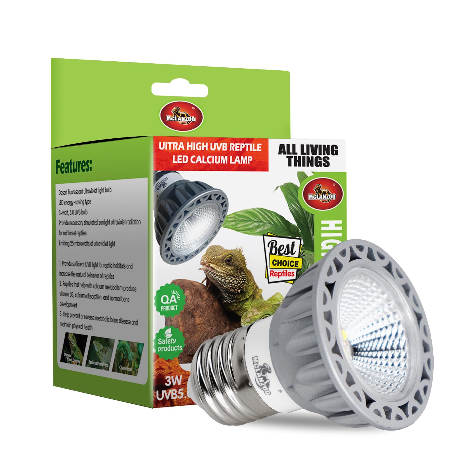 Mclanzoo Uvb Reptile Light High Intensity Led Bulb 3W 5.0 Turtle Calcium Lamp Full Spectrum Sun Heat Lamp For Rainforest Reptile
