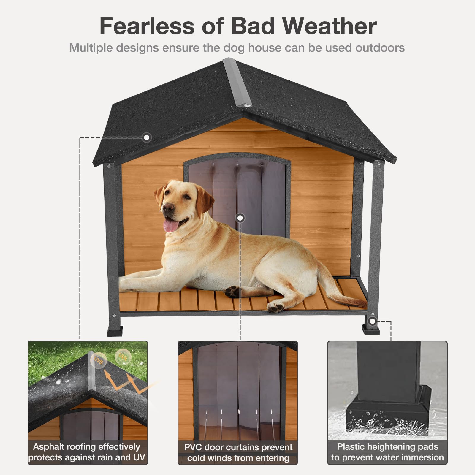 Medehoo Insulated Dog House Outdoor - Large All-Around Iron Frame - Fir Wood Construction And Weatherproof- Ideal For All Dog Br