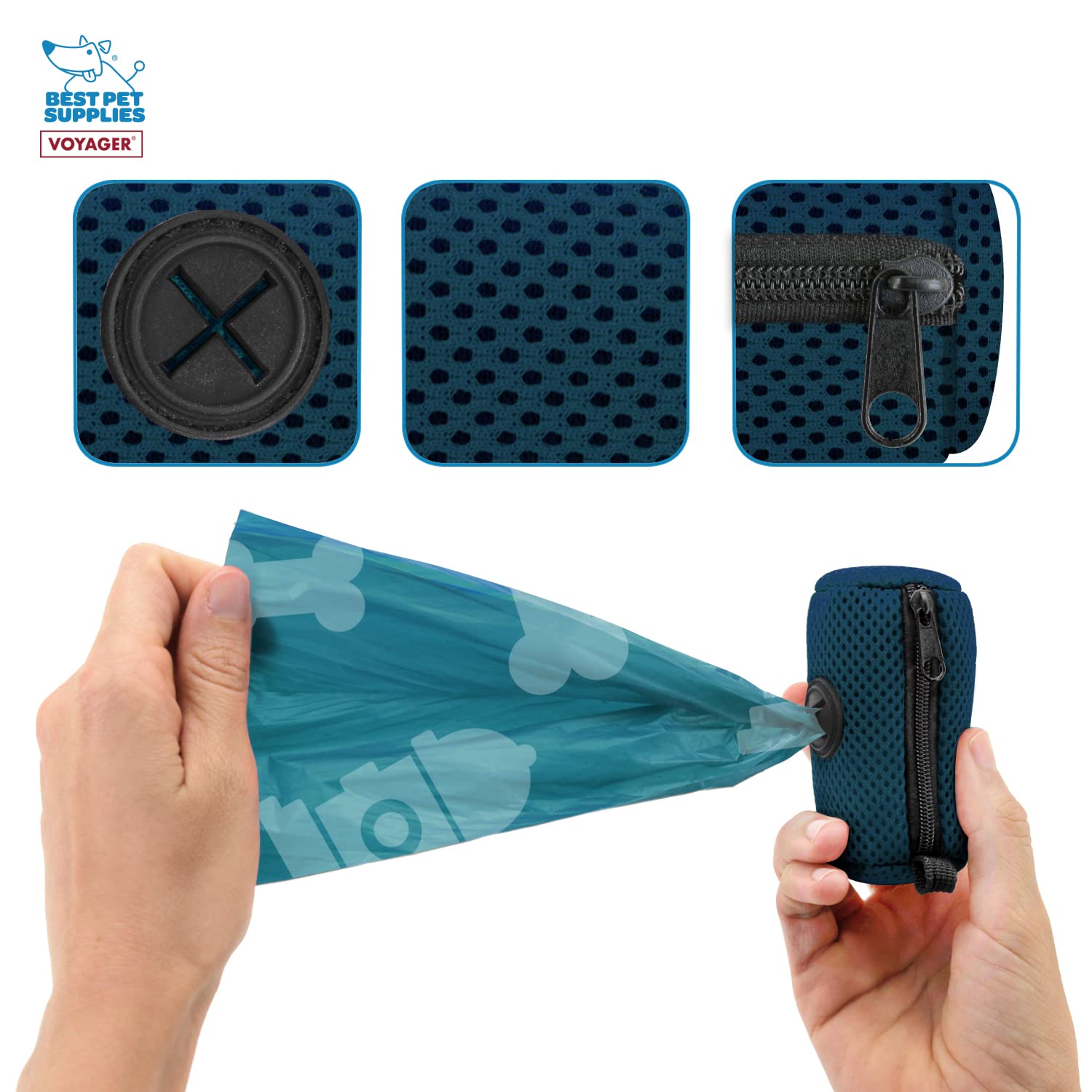 Best Pet Supplies Dog Poop Bag Holder Leash Attachment With 15 Bags, Blue, Reusable Mesh Dispenser Pouch For Travel, Walking, Pa